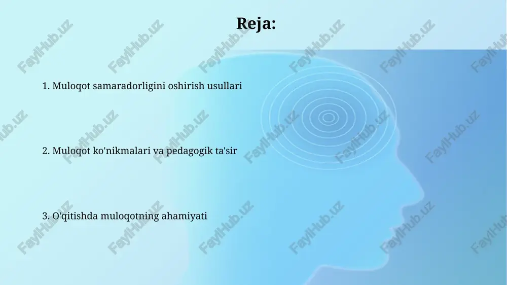 ator kabi, o'z-o'zini baholash va muloqot jarayonini tahlil qilish imkoniyati yaxshilanadi. muloqot samaradorligini oshirish uchun 7-10 kishilik kichik guruhlarda o'tkaziladigan rollarni ijro etish mashqlari, tanqidiy fikrlash va fikrlarni aniq ifodalash ko'nikmalarini rivojlantiradi. o'quvchilar bilan samarali muloqot o'quvchilar bilan individual yondashuvni qo'llagan holda, kamida 2 turdagi baholash usullaridan (testlar, loyihalar) foydalanish o'quv jarayonini yaxshilaydi. o'quvchilarning 70%i vizual o'rganuvchilardir, shuning uchun taqdimotlarda rang-barang vositalardan, diagrammalardan va interaktiv elementlardan foydalanish samaradorlikni oshiradi. aks-ta'sir va fikr almashish o‘quv jarayonida “aks-ta’sir va fikr almashish”ning 20% dan ortig‘i noverbal aloqa (mimika, jestlar) orqali amalga oshirilib, o‘quvchilarning tushunish darajasiga sezilarli ta’sir ko‘rsatadi. “aks-ta’sir va fikr almashish” jarayonida o‘qituvchining 3 ta asosiy kommunikativ kompetensiyasi – og‘zaki nutq, yozma nutq va tan tana tili – o‘quvchilarning 70% gacha bilim o‘zlashtirishiga ta’sir qiladi. faol tinglashning ahamiyati o'qituvchining faol tinglash ko'nikmalari, dars samaradorligini 20-30% ga oshirishi mumkin, bu esa o'quvchilarda ijobiy motivatsiyani shakllantirishga yordam beradi. faol tinglash, o'quvchilarning 70% ga yaqin …