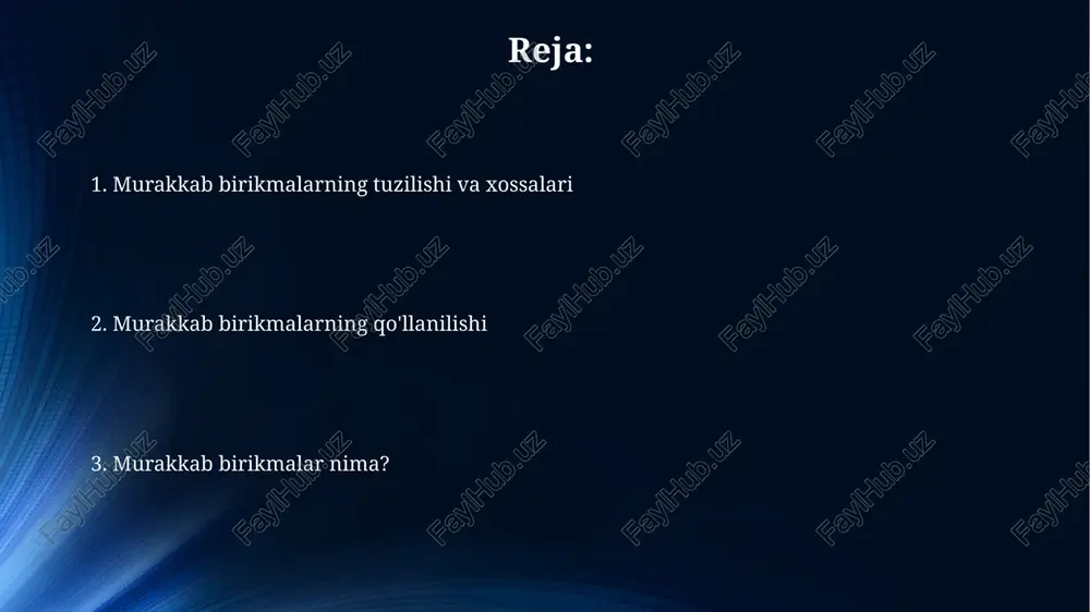 , masalan, 4 yoki 6 ni namoyon qilishi mumkin, bu esa ligandlarning tabiati va ularning geometriyasi bilan belgilanadi. masalan, [cucl₄]²⁻ ning koordinatsion soni 4. murakkab birikmalarning sintezi ligandlarning elektron zichligi va geometrik tuzilishi murakkab birikmalarning xossalarini, jumladan, 250-400 nm oralig'ida maksimal yutilishini aniqlaydi. murakkab birikmalarning sintezi uchun 50-80°c harorat oralig'ida reaksiya o'tkazish reaksiya samaradorligini va maqsadli mahsulot hosil bo'lishini oshiradi. nomlanishi va formulalar yozilishi koordinatsion birikmalarning formulalarida metall atomi yoki ioni odatda birinchi yoziladi va uning valentligi rim raqamlari bilan qavs ichida ko'rsatiladi, masalan, [co(nh₃)₆]cl₃ – geksaaminkobal(iii) xloridi. anionli ligandlarning nomlari odatda "-o" qo'shimchasi bilan tugaydi (masalan, xlorid – xloro-, sulfat – sulfato-), bu esa ularning metall bilan bog'lanishini ko'rsatadi. masalan, [ptcl₄]²⁻ – tetraxloroplatinat(ii) ioni. koordinatsion izomeriya koordinatsion izomeriya 4 va 6 koordinatsion sonli komplekslar uchun xarakterli bo'lib, ularning tuzilishi va xossalarini aniqlashda muhim rol o'ynaydi. [co(nh₃)₅cl]cl₂ va [co(nh₃)₄cl₂]cl komplekslari koordinatsion izomeriya misolidir, ularning tarkibi bir xil bo'lsa-da, lekin ligandlarning …