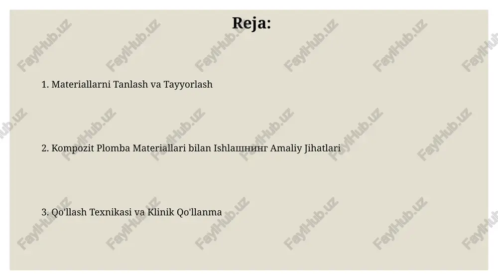 kani qat'iy bajarish kerak. polimerizatsiya jarayoni va nazorati kompozitning polimerizatsiyasi paytida qoldiq monomerlarning miqdori 2% dan oshmasligi kerak, aks holda toksiklik va qoldiq qisqarish xavfi mavjud. toʻgʻri polimerizatsiya uchun optimal temperatura 20-25°c oraligʻida boʻlishi va namlik darajasi 50-60% ni tashkil etishi kerak. material tanlash mezonlari kompozit plomba materiallarining mustahkamligi 30-50 mpa oraligʻida boʻlib, bu ogʻiz boʻshligʻidagi mexanik yuklamalarga chidamliligini belgilaydi va 5 yildan ortiq xizmat muddatini ta'minlaydi. rang tanlashda vita rang shkalasi boʻyicha 16 dan ortiq soyani aniqlash kerak, bu esa tabiiy tishlar bilan maksimal darajada moslashuvchanlikni ta'minlaydi. klinik holatlar va amaliy misollarning tahlili katta hajmdagi restavratsiyalar (10 mm dan ortiq) amalga oshirilganda, stress konsentratsiyasi va yorilish ehtimoli 3 baravar ortadi, shuning uchun bunday hollarda inkremental texnikasini qo'llash tavsiya etiladi. klinik kuzatuvlar shuni ko'rsatadiki, kompozitlarning 70% dan ortig'i to'g'ri tayyorlanmagan yoki noto'g'ri qo'llanilganligi sababli shikastlanadi, bu esa materialning xizmat muddatini qisqartiradi va bemorlarning qoniqishini pasaytiradi. polirovka va tugatish ishlari polirovka …