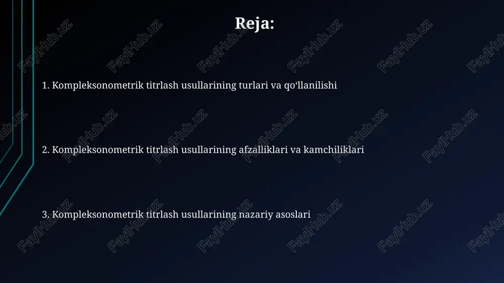 1:1 metall-indikator kompleksining hosil bo'lish konstantasi 10 6 dan yuqori bo'lishi kerak. edta va uning xossalari edtaning turli xil tuzlari, masalan, dinatriy etilendiamintetraatsetat (na₂edta) va tetrapotassiy etilendiamintetraatsetat (k₄edta) mavjud bo'lib, ularning eruvchanligi va titrlash sharoitlariga moslashuvchanligi farq qiladi. edta kompleksometrik titrlashda indikator sifatida xromogen indikatorlar, masalan, erioxrom qora t yoki kalsen, 0.01m dan 0.1m gacha konsentratsiyada qo'llaniladi va bu metallarning turini aniqlashga imkon beradi. titrlash usullari: orqaga titrlash orqaga titrlashda, ma’lum miqdorda ortiqcha edta eritmasi qo‘shiladi va ortiqcha edta miqdori 0,01m mgcl2 eritmasi bilan 1:1 nisbatda eriochrom black t indikatori ishtirokida titrlanadi. orqaga titrlashda aniqlikni oshirish uchun, standart eritmaning konsentratsiyasi 0,01 m dan kam bo'lmasligi va titrlash jarayonida kamida 3 marta parallel o'tkazilishi tavsiya etiladi. kompleksometrik titrlashda xatolar va ularni oldini olish ph ning noto'g'ri tanlanishi metall ioni va edta o'rtasidagi kompleks hosil bo'lishini ta'sir qiladi va titrlash natijalarida 1-3% gacha xatolikka olib kelishi mumkin. eritmalarning to'liq aralashmasligi yoki reaksiyaning …