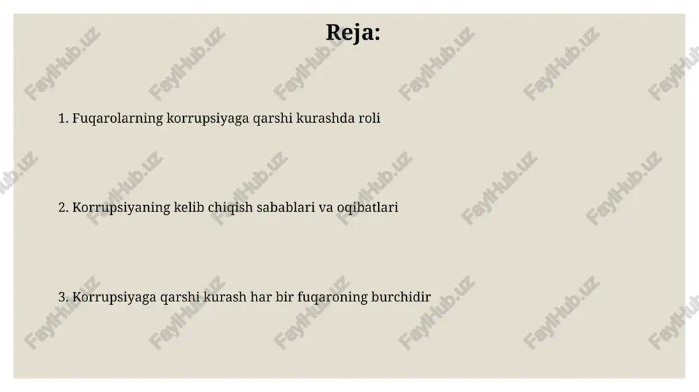 r yetkazadi va norozilik namoyishlarining ko'payishiga olib keladi. ochiqlik va shaffoflikni ta'minlash korrupsiyaga qarshi kurashda, axborotning ochiqligi va shaffofligi 20% ga yaqin jinoyatlarning oldini olishga yordam beradi, bu esa milliy iqtisodiyotga sezilarli ta'sir ko'rsatadi. ochiqlik va shaffoflikni ta'minlash davlat byudjeti xarajatlarining 70% dan ortig'ini onlayn rejimda kuzatish imkoniyatini yaratib, korruptsion xatti-harakatlarni kamaytiradi. davlat organlariga ishonchni oshirish fuqarolarga davlat xizmatlaridan foydalanishni soddalashtirish va elektronlashtirish orqali, kamida 50%ga tezlashtirish hisobiga, byurokratiyani kamaytirish va davlat organlariga bo‘lgan ishonchni mustahkamlash mumkin. korrupsiyaga qarshi kurashda fuqarolarning ishtirokini ta’minlash orqali, masalan, "1000 ta ochiq eshik" kabi dasturlarni qo‘llab-quvvatlash orqali davlat organlariga bo‘lgan ishonchni 20% ga oshirishga erishish mumkin. korrupsiyaning ijtimoiy oqibatlari korrupsiya tufayli huquqiy himoyasizlik kuchayib, fuqarolarning ishonchi pasayadi, bu esa ijtimoiy tartibsizlik va norozilik namoyishlarining ko'payishiga olib kelishi mumkin. korrupsion xatti-harakatlar natijasida iqtisodiyotning raqobatbardoshligi pasayadi, xorijiy investitsiyalar kamayadi va mamlakatning jahon reytingida pasayishi kuzatiladi. korrupsiyaning jamiyatga ta'siri korrupsiya ijtimoiy adolatsizlikni kuchaytiradi, qonun ustuvorligini buzadi va …