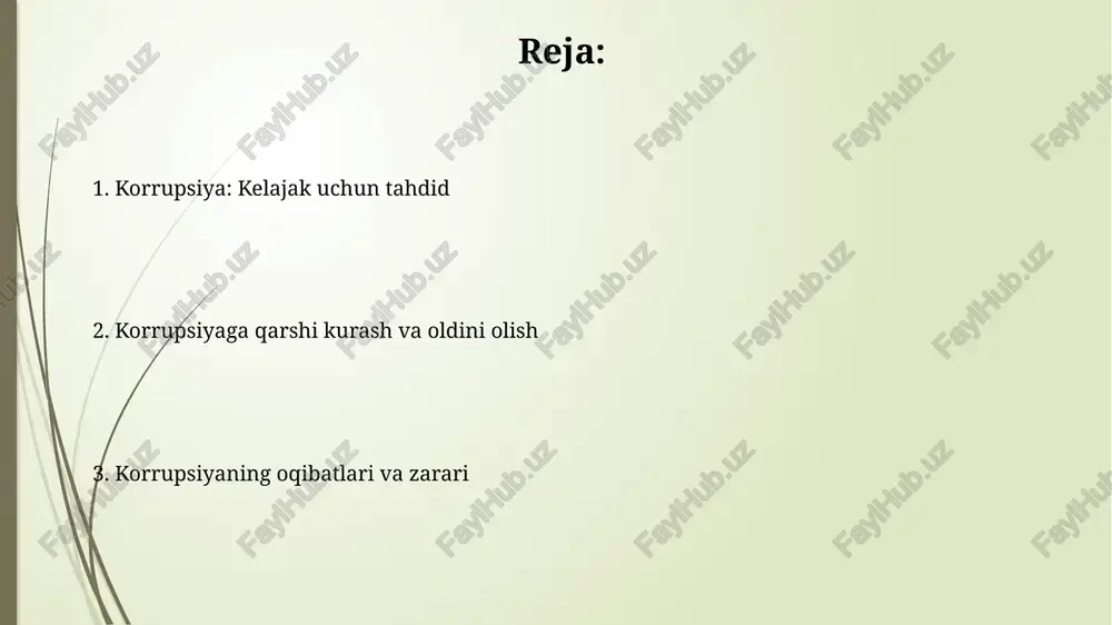 higa va investitsiyalar hajmining sezilarli darajada qisqarishiga olib kelishi mumkin. korrupsion xarajatlar yalpi ichki mahsulotning (yaim) 2-10% ini tashkil qilishi va iqtisodiy o'sish sur'atlarini sezilarli darajada pasaytirishi mumkin, bu esa kambag'allik darajasining oshishiga olib keladi. korrupsiyaning ijtimoiy oqibatlari korrupsiya davlat byudjetidan yillik 10-15% mablag'larni o'g'irlashga olib keladi, bu esa ijtimoiy dasturlarni moliyalashtirishga salbiy ta'sir ko'rsatib, kambag'allik darajasini oshiradi. korrupsiya hukumatning samaradorligini pasaytiradi, bu esa axloqiy me'yorlarning pasayishiga, ishsizlik darajasining oshishiga va aholining turmush darajasining yomonlashuviga olib keladi. korrupsiyadan aziyat chekayotgan davlatlar misollari 2022-yilgi korruptsiya idrokini o'lchash indeksiga ko'ra, somali, janubiy sudan va suriya kabi davlatlar korruptsiyaga yuqori darajada moyil bo'lgan mamlakatlar ro'yxatida yuqori o'rinlarda turadi. o'zbekiston respublikasining “korruptsiyaga qarshi kurash to'g'risida”gi qonuni korruptsion xatti-harakatlar uchun jinoiy javobgarlikni belgilab bergan bo'lsa-da, huquqni muhofaza qilish organlarining samaradorligi masalasida muammolar mavjud. korrupsiyaning atrof-muhitga ta'siri korrupsiya oqibatida atrof-muhitni muhofaza qilish qonunlarining 30% ga yaqini buziladi, bu esa tabiiy resurslarning o'g'irlanishi va ekologik ofatlar xavfini …