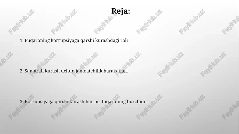 zmlarini yaxshilash mumkinligini ta'kidlaydilar. bu esa korrupsiyani kamaytiradi. har bir fuqaroning mas'uliyati va harakatlari har bir fuqaro korrupsiyaviy harakatlarning oldini olishda o'z hissasini qo'shishi mumkin, masalan, pora bermaslik yoki pora olayotgan shaxslar haqida xabar berish orqali – bu huquqiy ongni oshirishni talab qiladi. korrupsiyaga qarshi kurashda fuqarolar jamoatchilik nazorati orqali 20% ga yaqin huquqbuzarliklarni aniqlash va xabar berish imkoniyatiga ega. bu davlat organlariga muhim ma'lumot yetkazishni anglatadi. korrupsiyaning oldini olish choralari elektron hukumat tizimlarini joriy etish va raqamli texnologiyalarni qo’llash, poraxo’rlik holatlarini aniqlash va ularga qarshi kurashish imkoniyatlarini 3 marta oshiradi. korrupsiyaning oldini olishda fuqarolarning 70% dan ortiq faol ishtiroki, xususan, davlat xizmatchilarining harakatlarini kuzatish va noqonuniy harakatlar haqida xabar berish orqali, muhim ahamiyat kasb etadi. korrupsiyaning iqtisodiy oqibatlari korrupsiya davlat byudjetining 15-20% gacha kamayishiga, iqtisodiy o‘sishning sekinlashuviga va milliy daromadning pasayishiga olib keladi, bu esa aholining farovonligiga salbiy ta’sir ko‘rsatadi. jahon bankining ma’lumotlariga ko‘ra, korrupsiya tufayli rivojlanayotgan mamlakatlar yiliga …