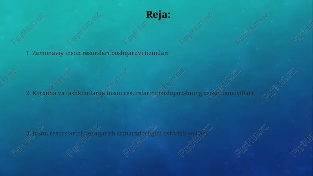 onida, yo'qotiladi. mehnat munosabatlarini tartibga solish mehnat munosabatlarini tartibga solishda o'zbekiston respublikasi mehnat kodeksi 100 dan ortiq moddalarni o'z ichiga olib, ish beruvchi va xodimlar o'rtasidagi huquq va majburiyatlarni aniq belgilaydi. kollektiv shartnomalar tuzish orqali, 5 dan ortiq xodimli korxonalarda mehnat sharoitlari, ish haqi va ijtimoiy himoya masalalari bo'yicha 2 yilga mo'ljallangan kelishuvlar o'rnatiladi. ish intizomi buzilishi holatlarini hal qilishda, intizomiy jazo choralari mehnat kodeksining 190-moddasiga asosan qo'llaniladi, bu esa og'irlik darajasiga qarab, og'zaki tanbehdan ishdan bo'shatishgacha bo'lishi mumkin. texnologiyalar va hrmning integratsiyasi sun'iy intellekt asosidagi rekruta-tashkilotlar ishga qabul qilish vaqtini 50% gacha qisqartiradi hamda nomzodlar tanlash aniqligini 15% ga oshiradi. hr-analitika vositalari yordamida xodimlar aylanmasi darajasini 10% ga kamaytirish va ishga qabul qilish jarayonlarini 25% tezlashtirish mumkin. zamonaviy hrm tizimlarida kamida 30% avtomatlashtirish orqali ish samaradorligini 15-20% ga oshirish kuzatiladi, bu esa xodimlarni boshqarish va baholash jarayonlarini tezlashtiradi. xodimlarni baholash va rag'batlantirish ish samaradorligini 15% oshirishga erishgan xodimlarga oylik …
