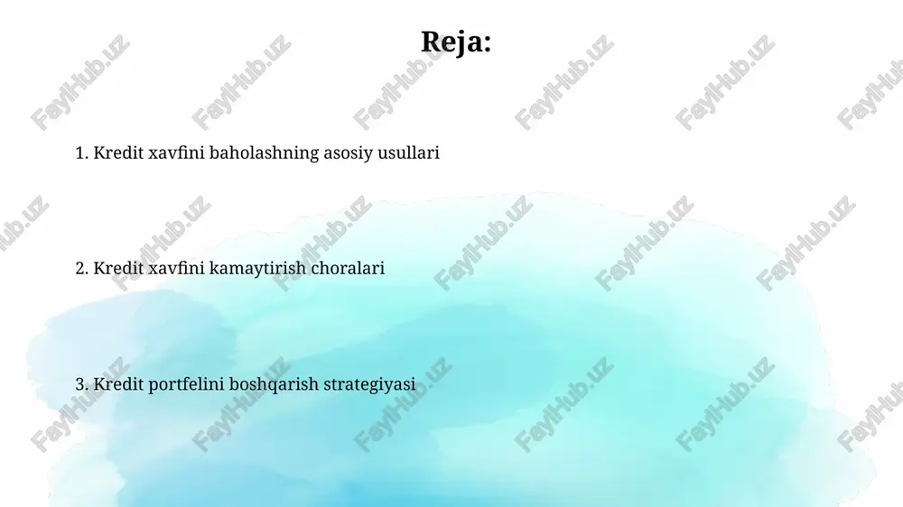 portfeli diversifikatsiyasini ta'minlash va har bir mijoz uchun kredit limitining maksimal miqdorini belgilash muhimdir. mijozlarning kredit tarixini batafsil o'rganish, kamida 3 ta manbadan ma'lumot olish va skoring tizimini qo'llash orqali kredit tavakkalchiligining 20% gacha kamayishiga erishish mumkin. kredit xavfi menejementi tizimini takomillashtirish kredit xavfini baxolash tizimining aniqligini oshirish uchun, 5 yillik ma'lumotlar bazasidan foydalanib, mashinli o'rganish algoritmlarini qo'llash samaradorligi 20% ga oshdi. mijozlarning kredit tarixi va moliyaviy ko'rsatkichlarini tahlil qilish orqali, kam deganda 3 ta mustaqil manbadan ma'lumotlarni yig'ish xavf darajasini 15% ga kamaytiradi. kafolatlar va ta'minotlarni tahlil qilish real mulk kafolati sifatida taqdim etilgan aktivlarning bozor qiymati va gipoteka qiymatining nisbati 1.2 dan kam bo'lsa, kredit berish xavfi ortadi. kafolat beruvchining moliyaviy holatini tahlil qilishda, uning kredit reytingi va so'nggi 3 yil ichidagi to'lov qobiliyati ko'rsatkichlarini hisobga olish kerak. kredit xavfini baholashning asosiy tamoyillari kredit xavfini baholashda 5c tamoyili muhim ahamiyatga ega bo'lib, u mijozning (character), imkoniyatlarini (capacity), kapitalini …