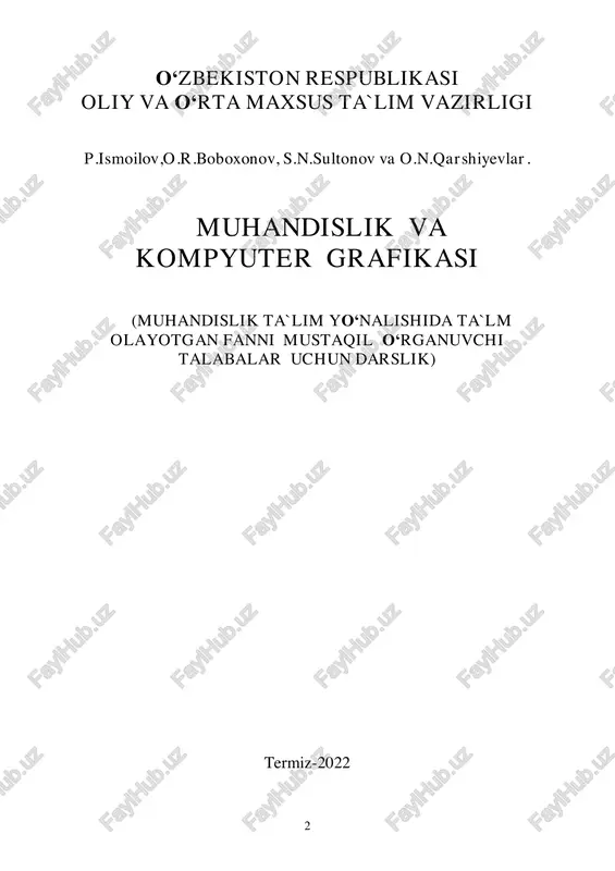 onj. 4 annotatsiya ushbu darslik “muhandislik va kompyuter grafikasi” fani o‘tiladigan yo‘nalishlarda ta`lim olayotgan talabalarning fanni mustaqil o‘zlashtiruvchilari uchun foydalanishga moslab yozilgan. darslik mustaqil ta`lim ishlarini va topshiriqlarini bajarishga doir qismlardan iborat: mustaqil ta`lim mavzulariga doir nazariy tushuncha , amaliy mashg`ulot masalalari va grafik ish topshiriqlari yoritib berilgan. darslikda mustaqil ta`lim mavzulariga doir nazariy qism 40% ni, amaliy mashg`ulot masalalari 20% ni va grafik ishlar uchun topshiriqlar hamda variantlar 40% ni tashkil qilgan. amaliy mashg`ulotlar qismida yechib ishlanadigan masalalarning yechilish algoritmi, ya’ni ketma-ketlik tartibi bajarib ko‘rsatilgan. grafik ishlarda esa bitta yechilgan namuna bajarilish tartibi bosqichma-bosqich bajarilib ko‘rsatilgan va talabalarga variant namunalari ayrim mashqlar bilan birga berilgan. darslik talaba “muhandislik va kompyuter grafikasi” fanini mustaqil o‘rganishdan oldin maktabda chizmachilik fanini o‘tgan bo‘lsa, u holda bu toifadagi talabalar ushbu darslikdan foydalanib, fanni mustaqil o‘rganishiga mo‘ljallab yozilgan. “muhandislik va kompyuter grafikasi” fani o‘tiladigan oliy o‘quv yurtlarining barcha ta`lim yo‘nalishlari va muhandislik ta`lim yo‘nalishi …