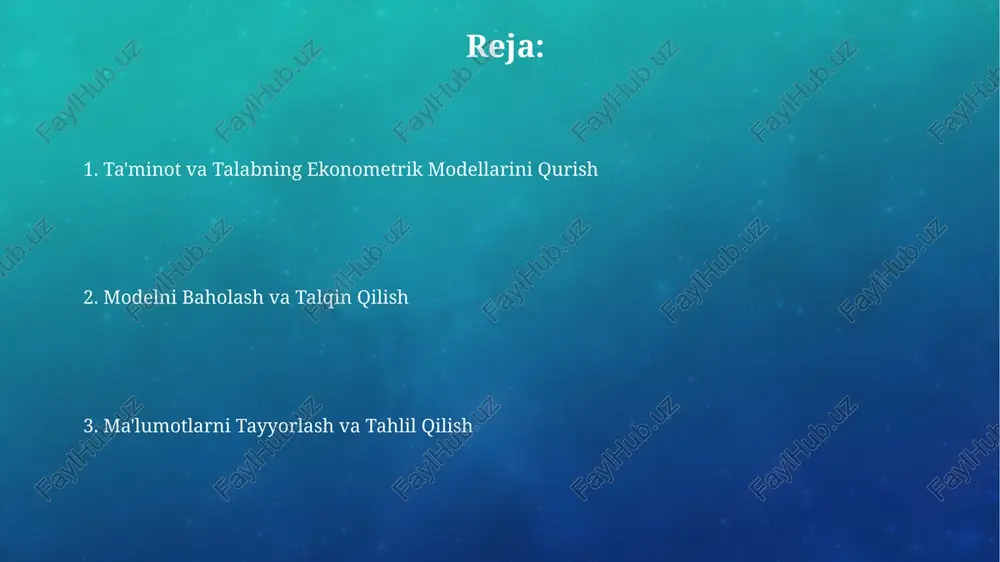 ognozlar ishonchliroq bo'ladi. modelning cheklashlari va noaniqliklari modellashtirishda o'zgaruvchilar sonining ko'payishi (masalan, 5 dan ortiq) modelning murakkablashishiga va parametrlarning aniqlanishidagi noaniqlikning ortishiga olib kelishi mumkin. ma'lumotlarning chegaralanganligi yoki sifatsizligi (masalan, 10% dan ortiq yo'qotilgan kuzatishlar) modelning ishonchliligini pasaytiradi va prognozlarning aniqligiga salbiy ta'sir ko'rsatishi mumkin. modelning aniqligi va mosligini tekshirish modelning mosligini baholash uchun f-testi yordamida global regressiya ahamiyatini tekshirish mumkin. agar p-qiymati 0.05 dan kam bo'lsa, model statistik jihatdan ahamiyatli deb hisoblanadi. durbin-watson testi avtokorrelyatsiyani tekshirish uchun ishlatiladi. 0 dan 4 gacha bo'lgan qiymatlar oralig'ida, 1.5 dan 2.5 gacha bo'lgan qiymatlar avtokorrelyatsiyaning yo'qligini ko'rsatadi. prognozlash va stsenariylarni modellashtirish stsenariylarni modellashtirish uchun, tarixiy ma'lumotlarga asoslanib, eksponensial silliqlash yoki arima kabi 2 ta turli usulni qo'llash orqali prognozning aniqligini oshirish mumkin. modellashtirish jarayonida, 0,01 dan 0,99 gacha bo'lgan r-kvadrat koeffitsiyentining qiymatlarini tahlil qilish orqali modelning mosligini va prognoz ishonchliligini aniqlash muhim. ekzogen o'zgaruvchilarni tanlash modelda 3 dan ortiq ekzogen o'zgaruvchini kiritish …