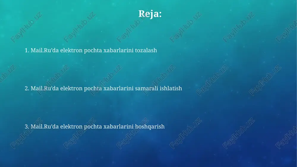 uv tizimidan foydalanish qidiruv natijalari sana bo‘yicha, muhimlik darajasi bo‘yicha yoki yuborilgan manzil bo‘yicha 3 xil tartibda saralanishi mumkin, bu esa kerakli ma'lumotni topishni osonlashtiradi. qidiruv so'roqlarida "from:", "subject:", "body:" kabi operatorlardan foydalanib, qidiruv natijalarini aniqlashtirish va keraksiz natijalarni kamaytirish mumkin. joyni tejash usullari “yulduzcha” funksiyasi orqali muhim xabarlarni ajratib qo'yish va keyinchalik ularni osongina topish mumkin. bu sizga 500 tagacha muhim xabarni samarali boshqarishga imkon beradi. mail.ru’dagi 1000 dan ortiq xabarni filtrlash va teglar yordamida (masalan, “muhim”, “ish”, “shaxsiy”) tarkibini tezkor tarzda saralash imkoniyati mavjud. bu vaqtni tejashga yordam beradi. xabarlarni saralash va filtrlash xabarlaringizni "yulduzcha" yoki "muhim" belgilarini qo‘llash orqali 3 ta alohida toifaga ajratib, keyinchalik ularni qulay qidiruv orqali topishingiz mumkin. filtrlash qoidalari yordamida siz istalmagan xabarlarni, masalan, reklama yoki spamni, aniq kalit so‘zlar yoki manzillar bo‘yicha osongina tozalashingiz mumkin. xavfsizlik sozlamalari mail.ru pochta qutisining xavfsizlik sozlamalarida parollarni murakkablashtirish va muntazam ravishda o'zgartirib turish, hisobingizni shifrlash va …