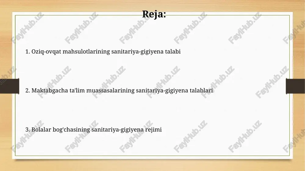 itariya-gigiyena talablari maktabgacha ta'lim muassasalarida havo harorati 18-20°s, namlik 50-60% bo'lishi, shaxsiy gigiena qoidalariga rioya etilishi va kuniga kamida 2 marta nam tozalash o'tkazilishi shart. maktabgacha ta'lim muassasalarida suv ta'minoti va kanalizatsiya tizimi uzluksiz ishlashi, ichimlik suvi mikrobiologiya tahlilidan o'tkazilishi va ovqat blokida salqin asbob-uskunalar mavjudligi majburiydir. oziq-ovqat mahsulotlarining sanitariya-gigiyena talablari maktabgacha ta'lim muassasalarida ovqat mahsulotlarining saqlanish muddati 72 soatdan oshmasligi, temperatura rejimi +2 dan +6°s gacha bo'lishi kerak. ovqatlanish xonalarida havo almashinuvi soatiga kamida 6 marta amalga oshirilishi, namlik darajasi 60% dan oshmasligi zarur. binolarning sanitariya-gigiyena holati o'quv xonalaridagi ovoz darajasi 35 dba dan oshmasligi, yoritish darajasi esa 300 lyuksdan kam bo'lmasligi kerak. maktabgacha ta'lim muassasalarida har 2 soatda havo almashinuvini ta'minlash uchun shamollatish tizimining samaradorligi kamida 6 marta havo almashinuvini ta'minlashi kerak. shaxsiy gigiyena qoidalari bolalar qo'llari kuniga kamida 5-6 marta sovun bilan yaxshilab yuvilishi, tirnoqlar qisqa va toza saqlanishi kerak, bu infektsiyalarni oldini olishga yordam beradi. har …