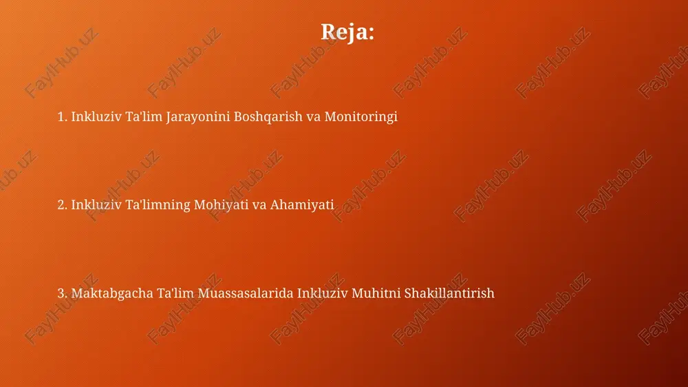 antirish bo'yicha malaka oshirishi lozim. inklyuziv ta'limning mohiyati va ahamiyati inklyuziv ta'limning ahamiyati, kamida 80% bolalarning o'quv dasturlariga moslashtirilib, ularning individual rivojlanishiga ko'maklashish va ijtimoiy integratsiyani ta'minlashdan iborat. inklyuziv ta'lim yondashuvi, ta'lim muassasalarida kamida 10% nogiron bolalarni o'z ichiga olgan holda, ularning teng huquqli ishtiroki va muvaffaqiyatli o'qishiga sharoit yaratadi. ota-onalar va jamoatchilik bilan hamkorlik inkluziv ta'limni qo'llab-quvvatlash uchun kamida 3 ta ota-onalar yig'ilishi o'tkazish va 50% dan ortiq ota-onalarning ishtirokini ta'minlash muhimdir. bu samarali hamkorlik uchun asos yaratadi. jamoatchilik bilan hamkorlikni mustahkamlash uchun mahalliy nodavlat tashkilotlar va xayriya fondlari bilan kamida 2 ta qo'shma loyihani amalga oshirish orqali resurslarni jalb qilish va qo'shimcha yordamni ta'minlash zarur. o'quv-tarbiya jarayonini tashkil etish o'quv faoliyatini tashkil etishda turli xil o'yin uslublari, shu jumladan, rol o'ynash, didaktik o'yinlar va san'at terapiyasi kabi kamida 4 ta usul qo'llanilishi kerak. ta'lim jarayonida inkluziv ta'lim tamoyillariga mos keladigan kamida 2 xil baholash usuli (kuzatish, portfel) qo'llanib, …