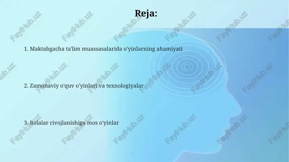 hni oʻz ichiga oladi. rolli o'yinlar effektiv rol oʻyinlari 2-3 ta bola ishtirokida oʻtkazilsa, ularning oʻzaro hamkorlik qilish va muammo yechish qobiliyatlarini 20% ga oshirishga yordam beradi. rolli oʻyinlarda bolalar 3-5 yosh oraligʻida ijtimoiy rollarni oʻrganish orqali 10 ga yaqin turli xil kasblar haqida tasavvur hosil qiladilar va muloqot koʻnikmalarini rivojlantiradilar. rolli oʻyinlar davomida 5-7 daqiqalik kichik epizodlarni 3 marta takrorlash orqali bolalar xotirasi va diqqatini kuchaytirishga yordam beradi. tashqi o'yinlar tashqi o'yinlar, masalan, "yashirish" yoki "qovoq", bolalarning xotirasi, fazoviy tafakkuri va muammolarni hal qilish qobiliyatlarini rivojlantirishga yordam beradi, ularning kognitiv qobiliyatlarini oshiradi. 5-6 nafar bola ishtirok etadigan "qo'l ushlagan holda yugurish" kabi o'yinlar, hamkorlik va jamoaviy ishlash ko'nikmalarini rivojlantiradi, ijtimoiylashuv jarayonini tezlashtiradi. tashqi o'yinlar bolalarni jismoniy faollikka undaydi, 3 yoshdan 6 yoshgacha bo'lgan bolalar uchun kamida 60 daqiqa harakatni ta'minlaydi, bu esa motor rivojlanishiga ijobiy ta'sir qiladi. musiqiy o'yinlar musiqiy o'yinlar 3-5 yoshli bolalar uchun muhim hisoblanadi, chunki ular …