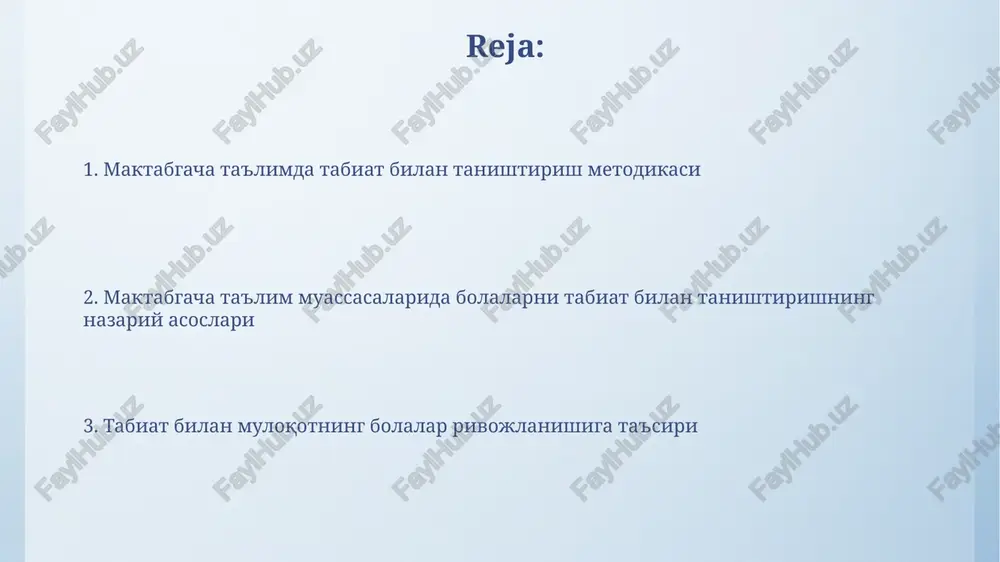 tabiat bilan tanishtirishning individual yondashuvini ta'minlash maqsadida, bolalarning tabiiy-bilimsel qobiliyatlarini aniqlash uchun 3 bosqichli test tizimini yaratish va amaliyotga tatbiq etish. virtual va qo'llanma materiallaridan foydalanib, bolalarda tabiatga bo'lgan muhabbatni shakllantirish bo'yicha 10 ta innovatsion dastur ishlab chiqish va ularning samaradorligini baholash. xavfsizlik qoidalari xavfli joylar (balandliklar, suv havzalari) yaqinida kamida 2 metr masofani saqlash va 1-2 katta yoshli kuzatuvi ostida harakatlanish majburiy. o'simliklar va hayvonlar bilan ishlashda 5 ta asosiy qoidalarni (masalan, qo'l tegmaslik, ovqatga yaroqli ekanligiga ishonch hosil qilish) bolalarga tushuntirish va takrorlash zarur. amaliy mashg'ulotlar amaliy mashg'ulotlar doirasida 10-15 daqiqalik tabiat yurishlari tashkil etilishi, kuzatuv daftarchalari yordamida bolalarning tabiat hodisalari haqidagi kuzatishlarini qayd etish tavsiya etiladi. amaliy mashg'ulotlar davomida 3-5 yoshli bolalar tabiat hodisalari bilan 5 ta sezgilar orqali (ko'rish, eshitish, hidlash, ta'm bilish, teginish) tanishadilar, bu ularning kognitiv rivojlanishiga ijobiy ta'sir ko'rsatadi. pedagogik texnologiyalar pedagogik texnologiyalar yordamida 5-6 yoshli bolalarga tabiatni anglashni o’rgatishda o’yin texnologiyalari, masalan, …