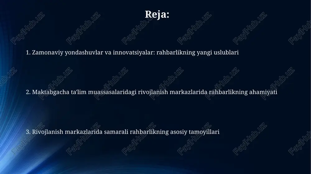 lashtirish uchun har yili kamida 2 ta trening yoki seminar o’tkaziladi. ota-onalar bilan samarali hamkorlik ota-onalar bilan kamida oyiga 2 marta muntazam uchrashuvlar o’tkazish, bolaning rivojlanishi to’g’risida batafsil ma’lumot almashish va individual yondashuvlarni muhokama qilish samarali hamkorlikni ta’minlaydi. ota-onalarning kamida 70% faol ishtirokini ta’minlash uchun turli xil kommunikatsiya kanallaridan (sms, elektron pochta, ijodiy loyihalar) foydalanish hamkorlikni kuchaytiradi. muvaffaqiyatli rahbarlikning asosiy omillari samarali liderlik pedagogik jarayonlarni 20% ga optimallashtirish, bolalarning 80% faol ishtirokini ta’minlash orqali aniq natijalarga erishishni o’z ichiga oladi. innovatsion yondashuvlarni qo’llash va digital texnologiyalarni integratsiya qilish (kamida 5 ta turli dastur) orqali o’quv jarayonini diversifikatsiya qilish muhim omil hisoblanadi. o'quv jarayonini rejalashtirish va tashkil etish o'quv faoliyatining 70% amaliy mashg'ulotlarga, 20% o'yinlarga va 10% nazariy ma'lumotlarga ajratish bolalarni faol o'rganishga undaydi va bilimni yaxshiroq o'zlashtirishlariga yordam beradi. o'quv jarayonini rejalashtirishda kamida 3 ta rivojlanish sohasini (masalan, kognitiv, ijtimoiy-emotsional, jismoniy) qamrab oluvchi yillik reja tuzish va har bir sohaga …