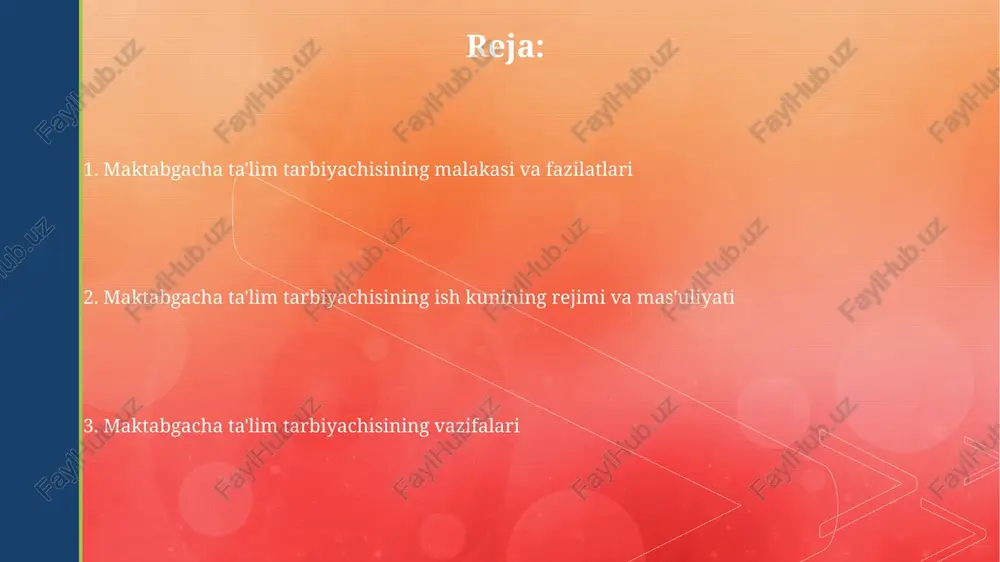 ko'nikmalarini rivojlantirish. o'quv rejalarini amalga oshirishda kamida 10 ta turli xil o'yin va faoliyatlardan foydalanib, bolalarning rivojlanishiga yordam berish. ish tajribasi pedagogik faoliyatda kamida 3 yillik ish tajribasi va bolalar rivojlanishining turli bosqichlarini bilish, ya'ni 3-7 yoshli bolalar bilan ishlash tajribasi zarur. kamida 1 yillik guruh rahbari sifatida ishlash tajribasi va 15-25 nafar bolani o'z ichiga olgan guruhlarni boshqarish ko'nikmalariga ega bo'lish talab etiladi. maktabgacha ta'lim tarbiyachisining vazifalari maktabgacha ta'lim tarbiyachisi ota-onalar bilan muntazam aloqada bo'lib, har bir bola haqida kamida oyiga bir marta individual hisobotlar taqdim etib, ularning farzandlari taraqqiyoti to'g'risida axborot beradi. tarbiyachining vazifalariga bolalarning jismoniy, intellektual va ijtimoiy-emotsional rivojlanishi uchun 3-5 ta turli o'quv faoliyatini tashkil etish va o'tkazish kiradi, bu esa ularning shaxsiy salohiyatini ochib berishga qaratilgan. ish sharoitlari kamroq tajribaga ega bo'lgan bog'cha tarbiyachilari uchun yillik bazaviy maosh 5-7 mln so'mni tashkil etishi mumkin, bu tajriba va malaka darajasiga bog'liq. bog'cha tarbiyachisining ish joyidagi mas'uliyatiga …