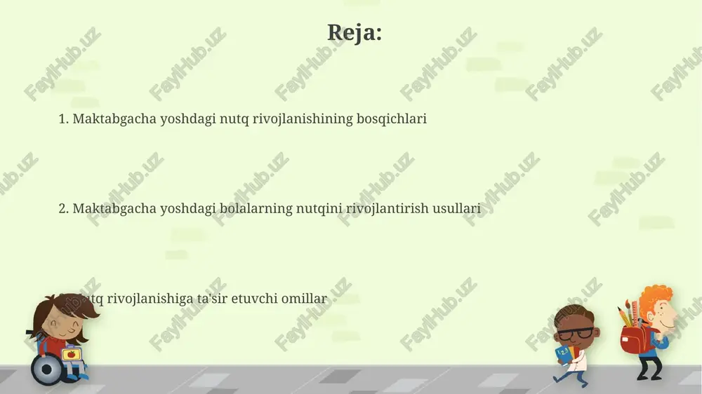 voz va intonatsiyalardan foydalanish, badiiy asarlardagi obrazli tilning 5-10 ta namunasini tahlil qilish bolalarning nutqini boyitish va fonematik eshitishni rivojlantirishda muhim ahamiyatga ega. maktabgacha yoshdagi bolalarning nutq faoliyati maktabgacha yoshdagi bolalarning lug‘at fondi 2-3 yoshga kelib 1000-1500 so‘zga, 5-6 yoshga kelib esa 3000-4000 so‘zga yetadi, bu esa grammatik tuzilmalarning murakkablashuvi bilan bog‘liq. bog‘cha yoshidagi bolalarning nutq faoliyatini o‘rganishda grammatik to‘g‘rilik, so‘z boyligi va nutqning tushunarliligi kabi parametrlarni hisobga olish muhim, bu esa rivojlanish darajasini aniqlashga yordam beradi. grammatik rivojlanish 3-5 yoshdagi bolalarda oddiy jumlalarni tuzishdan murakkabroq, bir necha fe'l va sifatlarni o'z ichiga olgan jumlalar yaratish ko'nikmasi shakllana boshlaydi, bu grammatik tuzilishlarni tushunish darajasining oshishini ko'rsatadi. bolalarning lug'aviy zaxirasi kengayishi bilan parallel ravishda, grammatik strukturalarni tushunish va qo'llashda ham taraqqiyot yuz beradi, masalan, 5 yoshgacha bolalar oddiy 10-15 ta so'zdan iborat jumlalarni erkin tuza oladilar. tarbiyachilar uchun tavsiyalar preschool yoshidagi bolalar lug'atini boyitish uchun har kuni kamida 5-7 ta yangi …