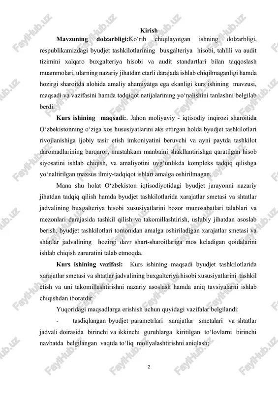 dan amalga oshiriladigan xarajatlar smetasi va shtatlar jadvalining hozirgi davr shart-sharoitlariga mos keladigan qoidalarini ishlab chiqish zaruratini talab etmoqda. kurs ishining vazifasi: kurs ishining maqsadi byudjet tashkilotlarida xarajatlar smetasi va shtatlar jadvalining buxgalteriya hisobi xususiyatlarini tashkil etish va uni takomillashtirishni nazariy asoslash hamda aniq tavsiyalarni ishlab chiqishdan iboratdir. yuqoridagi maqsadlarga erishish uchun quyidagi vazifalar belgilandi: · tasdiqlangan byudjet parametrlari xarajatlar smetalari va shtatlar jadvali doirasida birinchi va ikkinchi guruhlarga kiritilgan to‘lovlarni birinchi navbatda belgilangan vaqtda to‘liq moliyalashtirishni aniqlash; · uchinchi guruh bo‘yicha kapital qo‘yilmalar xarajatlarini investitsiya dasturiga kiritilgan ob’ektlarning manzilli ro‘yxatlari bo‘yicha o‘rnatilagn moliyalashtirish rejalari doirasida amalga oshirish; - xarajatlarning to‘rtinchi guruhiga kiritilgan ustuvor to‘lovlar, oziq -ovqat va dori-darmonlar sotib olish xarajatlarini birinchi va ikkinchi guruh to‘lovlari to‘liq amalga oshirilgandan keyingina belgilab berish; - boshqa moddalar bo‘yicha xarajatlarni (kapital qo‘yilmalar, safar va o‘quv xarajatlari, kommunal xizmatlar, xo‘jalik xarajatlari, yumshoq va boshqa jihozlar sotib olish, kapital ta’mirlash va boshqa xarajatlar) yuqoridagi …