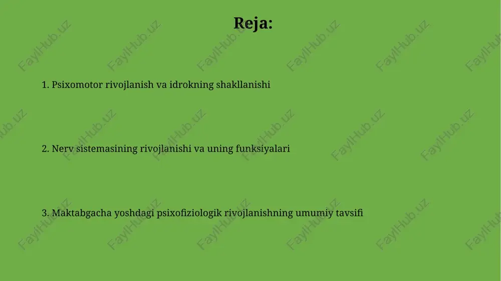 farqlash qobiliyati hali to'liq shakllanmagan bo'ladi. til rivojlanishi preskoldagi bolaning yurak urishi daqiqasiga 80-120 marta, nafas olish tezligi esa daqiqasiga 20-30 marta bo'lib, jismoniy faollikka bog'liq holda o'zgarib turadi, bu esa vegetativ nerv sistemasining yetuklashuvi haqida dalolat beradi. maktabgacha yoshdagi bolalarda miya korteksining tez rivojlanishi kuzatiladi, bu 3 yoshga kelib neyronlar orasidagi sinapslar soni sezilarli darajada ortadi va murakkab kognitiv funksiyalarni rivojlanishiga yordam beradi. kognitiv rivojlanish e'tiborning hajmi va davomiyligi asta-sekin oshib boradi, lekin hali ham nisbatan cheklangan. masalan, 5 yoshli bola bir vaqtning o'zida bir nechta vazifaga e'tiborini jamlashda qiyinchiliklarga duch kelishi mumkin. preschool yoshdagi bolalarda fikrlashning tezligi va samaradorligi sezilarli darajada oshadi, masalan, 4 yoshga kelib ular 5-7 ta ob'ektni bir vaqtning o'zida eslab qolishlari mumkin. oila va muhitning ta'siri shahar va qishloq joylarda yashovchi bolalarning diqqat-e'tibor darajasi, reaktsiya tezligi va fikrlash qobiliyatining farqi 15% gacha etishi mumkin, bu asosan muhitning ta'siri bilan izohlanadi. oilaviy munosabatlarning ijobiy yoki …