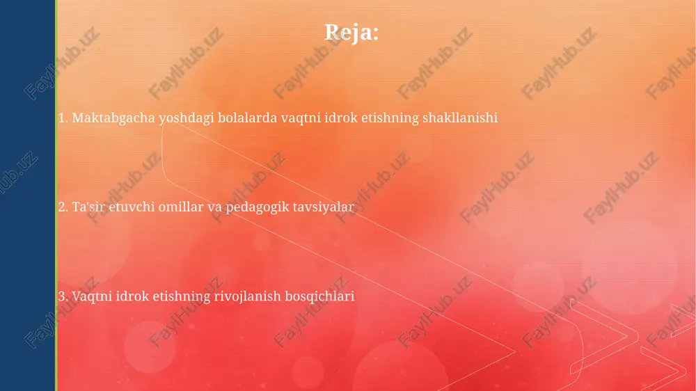 rni hosil qiladilar. vaqtni idrok etishning asosiy tamoyillari vaqtni baholay olish qobiliyati "vaqt soatlari" deb ataluvchi ichki mexanizmlarning rivojlanishi bilan bog'liq bo'lib, bu jarayon taxminan 7 yoshga kelib to'liq shakllanadi. bolalarning vaqtni idrok etishiga ta'sir etuvchi omillar orasida o'yinning intensivligi, voqealarning ketma-ketligi va ularning hissiy rangi kabi psixofiziologik jarayonlar muhim rol o'ynaydi. individual farqlar tadqiqotlar shuni ko'rsatadiki, 4-5 yoshdagi bolalarning 70% ga yaqini oddiy vaqt tushunchalarini (masalan, "ertalab", "kechqurun") tushunishadi, qolgan 30%da esa bu ko'rsatkich past bo'ladi. maktabgacha yoshdagi bolalarda vaqt idrok etishining shakllanishida individual farqlar 2-3 yoshdagi bolalarda vaqtning qisqa va uzoq muddatlarini ajratish qobiliyati turlicha bo'lishi mumkin. vaqtni o'lchash vositalarining ta'siri bolalarga vaqtni o'lchashda "tez" va "sekin" kabi nisbiy tushunchalarni o'rgatish, shuningdek, sodda tajribalar (masalan, 5 soniya davomida qo'llarni qoqish) ularning vaqtni idrok etishini sezilarli darajada yaxshilaydi. 3-5 yoshli bolalarda qum soati yoki oddiy soat kabi vizual vaqt o'lchash vositalaridan foydalanish ularning vaqt oralig'ini aniqlash qobiliyatini 20-30% ga …