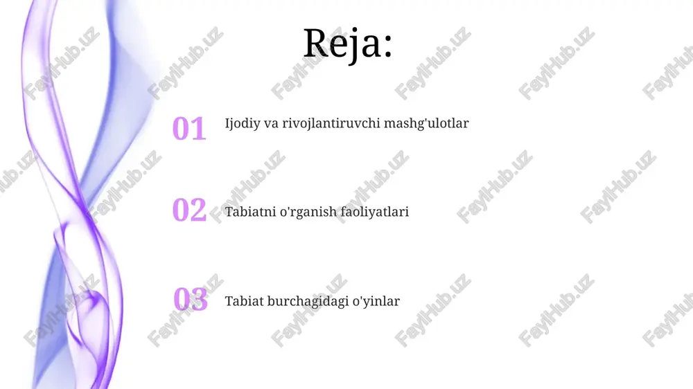 lab chiqish mumkin. tabiat burchagidagi o'yinlar tabiat burchagida 3-5 yoshli bolalar uchun 2-3 ta kichik o'simliklarni ekish va ularning o'sishini kuzatish orqali tabiat hodisalari haqida bilim olish imkoniyati yaratiladi. tabiat burchagi, turli xil 5-7 ta tabiiy materiallardan (toshlar, konuslar, shoxchalar) foydalanib, hayvonlar, qushlar va hasharotlarning 2 o'lchovli modellari yasash uchun ijodiy imkoniyatlar beradi. tabiat burchagida o'tkaziladigan 15-20 daqiqalik "ekologik loto" o'yini, bolalarning o'simliklar, hayvonlar va ularning yashash muhitlari to'g'risidagi bilimlarini mustahkamlashga yordam beradi. tabiatni o'rganish faoliyatlari tabiat burchagidagi 15-20 ta hasharotlarning rasmlarini o'rganib, ularning nomlari va xususiyatlarini o'rganish, bolalarning atrof-muhitga bo'lgan munosabatini shakllantiradi. tabiat burchagida 3-5 yoshli bolalar uchun 2-3 ta o'simlikning fotosintez jarayonini kuzatish va taqqoslash bo'yicha tajriba o'tkazish mumkin, bu ularning biologik bilimlarini rivojlantiradi. tabiat burchagida 5-7 xil turdagi tabiiy materiallar (toshlar, shoxchalar, barglar) yordamida 10 dan ortiq turli xil geometrik shakllar va qo'l san'atlarini yaratish ijodiy qobiliyatlarini oshiradi. tabiatni kuzatish va tadqiq qilish tabiat burchagidagi 7-10 dona …