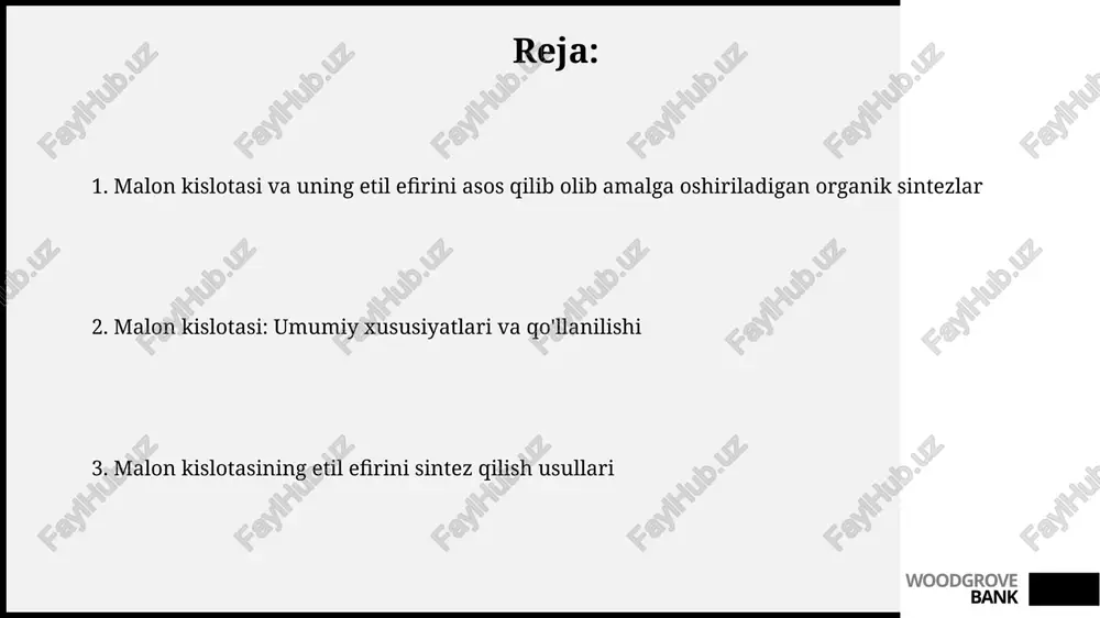 illashini o'z ichiga oladi, so'ngra gidroliz va dekarboksillanish jarayonlari amalga oshiriladi. keto-kislotaning hosil bo'lishida dietilmalonatning reaksiyaga kirishuvchi molekulalar soni va ularning tuzilishi muhim rol o'ynaydi, masalan, 3-keto-kislotalarni sintez qilishda 3 ta molekula ishtirok etadi. woodgrove bank malon kislotasi asosidagi siklik birikmalarni sintez qilish malon kislotasining diazometandan foydalangan holda metillanishi orqali hosil bo'lgan 2-metilmalon kislotasi, 6-atomli halqali birikmalarni olish uchun diks-mannix reaksiyasi orqali ishlatilishi mumkin. malon kislotasi dietil efirining 1,3-dikarbonil birikmasi sifatida ishlatilishi, siklik ketonlarni, masalan, siklopentan-1,3-dionni (siklopentadion) 5 atomli halqalar hosil qilish orqali sintez qilish imkonini beradi. woodgrove bank etil malonatining sintezi etil malonat sintezi uchun reaktsiya mexanizmi esterifikatsiya reaksiyasi bo'lib, bu jarayon karboksil guruhi (-cooh) ning gidroksil (-oh) guruhi bilan etanolning alkil guruhi (-c2h5) o'rtasida almashinuv reaksiyasi hisoblanadi va bu reaksiya teskari reaksiyaga ham ega. etil malonatni sintezi, asosan, malonik kislota va etanolni konsentrlangan sulfat kislotasi kabi kuchli dehidratlovchi vosita ishtirokida qaytarish orqali amalga oshiriladi, bu jarayonda suv molekulasi …