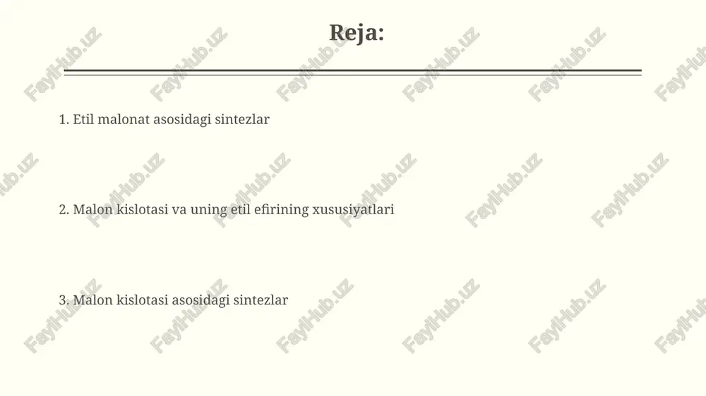 aksiyaga kirishadi. malon kislotasi: kirish malon kislotasi ikkita karboksil guruhi (–cooh) ga ega dikarbon kislota bo'lib, molekulyar massasi 104,06 g/mol ni tashkil etadi va xususiyatlari tufayli organik sintezda keng qo'llaniladi. uning pka qiymati taxminan 2,8 va 5,7 bo'lib, bu uning ikki bosqichli dissotsilanishini ko'rsatadi va bu xususiyat turli xil reaktsiyalarda muhim rol o'ynaydi. malon kislotasi efirlari yordamida karboksilik kislotalarni sintez qilish malon kislotasi efirlari, masalan, dietil malonat, 1,3-dikarbonil birikmalar sifatida, bir qator a-almashtirilgan karboksilik kislotalarni sintez qilishda muhim rol o'ynaydi, reaksiyalar ketma-ketligi 3 bosqichdan iborat. monoalkil malon kislotasi efirlarini sintez qilishda, birinchi bosqichda, bir molekula alkil galogenidi ishlatiladi va 1 molekula malon kislotasi efiri reaksiyaga kirishadi, bu esa keyinchalik karboksilik kislota olishga yordam beradi. etil malonat asosidagi reaksiyalar etil malonatning 2-molekulali alkillash reaksiyasi orqali dikarbon kislotalar hosil bo'lishi mumkin, bu reaksiya kuchli asoslar, masalan, natriy etoksid ishtirokida amalga oshiriladi. etil malonat asosidagi sintezlarda 1,3-dikarbonil birikmalarini hosil qilish uchun bir qator …