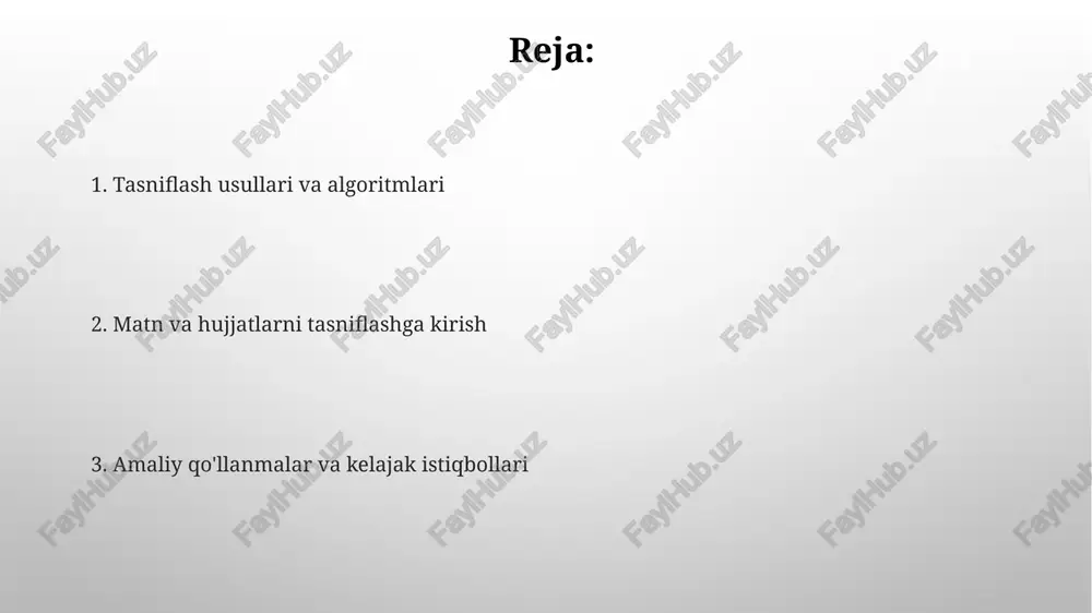 ishning bir usuli bo'lib, 1000 dan ortiq turdagi hujjatlarni, masalan, elektron pochta, maqolalar va boshqalarni, ularning mazmuni asosida avtomatik ravishda turli toifalarga ajratadi. matn va hujjatlar tasniflashning aniqligi, 90% dan yuqori samaradorlikka erishish uchun, to'g'ri tanlangan xususiyatlar va katta hajmdagi o'qitish ma'lumotlariga bog'liq bo'lib, natijada 10-15% xatolikka yo'l qo'yishi mumkin. rnn (takrorlanuvchi neyron tarmoqlari) rnn arxitekturasi ketma-ketlik ma'lumotlarini, masalan, matnlarni, 100 ga yaqin vaqt qadamlarida qayta ishlashga qodir bo'lib, har bir qadamda avvalgi qadamlarning holatini hisobga oladi. rnnlar lstm (long short-term memory) yoki gru (gated recurrent unit) kabi ilg'or xotira mexanizmlaridan foydalanib, uzoq muddatli bog'liqliklarni 50 dan ortiq so'zli jumlalarda ham aniqlash imkoniyatiga ega. svm (qo'llab-quvvatlovchi vektor mashinalari) svmning c parametrlari modelning murakkabligi va generalizatsiya qobiliyatini boshqaradi, kichik c qiymati oddiyroq modelni, katta c qiymati esa murakkabroq modelni hosil qiladi. svm, qo'llab-quvvatlovchi vektorlar deb ataluvchi chegaraviy nuqtalarga asoslangan holda gipertekislikni yaratadi va yangi ma'lumotlarni shu gipertekislik asosida tasniflaydi, bu esa …