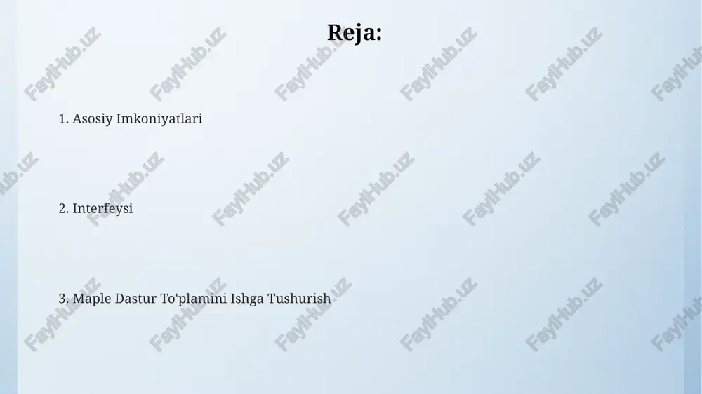 shubhali faoliyatni aniqlaydigan 10 dan ortiq xavfsizlik mexanizmlarini o'z ichiga oladi. tizim, ruxsatsiz o'zgarishlardan himoya qilish uchun raqamli imzo va xash funksiyalarini ishlatadi, bu esa dasturiy ta'minotning yaxlitligini kafolatlaydi. maple dasturiy ta'minoti 256-bit aes shifrlash algoritmini qo'llab, ma'lumotlarning maxfiyligini ta'minlaydi va noqonuniy kirishdan himoya qiladi. maple dastur to'plamini ishga tushurish maple dastur to'plamini ishga tushirish uchun 10 dan ortiq turli usullar mavjud bo'lib, ular orasida tezkor ishga tushirish tugmasi va buyruq satridan foydalanish ham bor. bu jarayon 5 soniyadan kamroq vaqtni oladi. dasturning asosiy interfeysi 3 asosiy qismdan: asboblar paneli, ish maydoni va natijalar oynasidan iborat bo'lib, foydalanuvchiga qulaylik yaratadi. maple dastur to'plami 2000 dan ortiq matematik funksiyalar va algoritmlarni o'z ichiga oladi, bu esa murakkab hisob-kitoblarni amalga oshirish imkonini beradi. asosiy imkoniyatlar umumiy ko'rinishi maple dasturiy ta'minoti 1000 dan ortiq matematik funksiyalarni, shu jumladan, differensial tenglamalarni yechish, integral hisoblash va simvolik hisob-kitoblarni amalga oshirish imkoniyatlarini taqdim etadi. maple'ning kuchli …