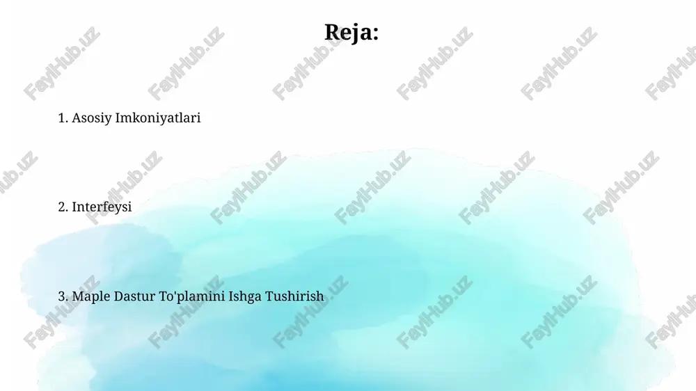 dan ortiq vazifalarni bajarish imkonini beradi. qo'llanmada maple interfeysining 10 ta asosiy elementini tushuntirib beruvchi, 30 dan ortiq rasm va ekran tasvirlari mavjud. kengaytmalar va plaginlar maple dasturiy ta'minoti uchun 100 dan ortiq kengaytmalar va plaginlar mavjud bo'lib, ularning aksariyati bepul va ochiq manbali hisoblanadi. ba'zi kengaytmalar, masalan, simvolik hisob-kitoblarni tezlashtirish uchun maxsus optimallashtirilgan algoritmlarni o'z ichiga oladi, bu esa hisoblash tezligini 20% ga oshirishi mumkin. kutubxonalar va modullar modul tizimi 20 dan ortiq turli xil matematik sohalar bo'yicha ixtisoslashgan kutubxonalarni taqdim etadi, masalan, chiziqli algebra, differentsial tenglamalar va sonli tahlil. har bir modul o'zining noyob funksiyalar to'plami va ma'lumotlar tuzilmalariga ega bo'lib, bu esa dasturlash jarayonini tezlashtiradi va kodning samaradorligini oshiradi. yordam va qo'llanmalar maple interfeysi bilan ishlashni osonlashtirish uchun "yordam va qo'llanmalar" bo'limida 3d grafikalarni yaratish, ma'lumotlarni tahlil qilish va hisobotlar tayyorlashga oid amaliy qo'llanmalar mavjud. "yordam va qo'llanmalar" bo'limida maple dasturiy ta'minotiga oid 100 dan ortiq video …