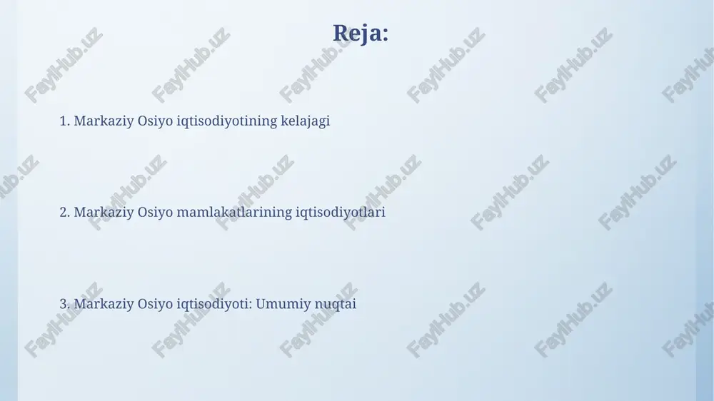 asosiy foiz stavkasini 14% dan 16% gacha oshirish inflyatsiyani nazorat qilishga qaratilgan bo'lib, bu valyuta kursi barqarorligiga ijobiy ta'sir ko'rsatishi mumkin. qishloq xo'jaligi va oziq-ovqat xavfsizligi markaziy osiyo mamlakatlarida suv resurslarining cheklanganligi oziq-ovqat xavfsizligiga tahdid soladi, shuning uchun suv tejovchi sugʻorish texnologiyalariga investitsiyalar zarur. qishloq xoʻjaligining yalpi ichki mahsulotga (yaim) qoʻshgan hissasi oʻzbekistonda 18% atrofida boʻlib, mintaqada oziq-ovqat xavfsizligini taʼminlashda muhim ahamiyatga ega. markaziy osiyo iqtisodiyoti umumiy nuqtai mintaqa aholisining 60% dan ortig'i qishloq xo'jaligida band bo'lib, bu iqtisodiyotning asosiy qismini tashkil etadi va oziq-ovqat xavfsizligini ta'minlaydi. markaziy osiyo mamlakatlarining yalpi ichki mahsuloti (yaim) o'rtacha 2022 yilda 50 milliard aqsh dollaridan oshgan bo'lib, bu mintaqaning iqtisodiy o'sish potentsialini aks ettiradi. tabiiy resurslar va energetika tojikistonning gidroenergetika salohiyati 527 milliard kvt/soatga yetishi mumkin, bu mamlakat iqtisodiyotining muhim tarkibiy qismidir. markaziy osiyo mamlakatlarining umumiy gaz zahiralari taxminan 22 trillion kub metrni tashkil etadi, bu mintaqaning global energetika bozoridagi ahamiyatini oshiradi. axborot texnologiyalari …