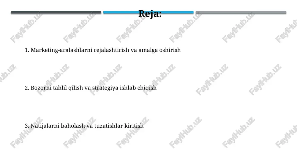 0% gacha farq qilishi mumkin, shuning uchun to'g'ri kanalni tanlash juda muhim. savdo aloqalari savdo aloqalarini boshqarishda mijozlarning 70% dan ortig'i ijtimoiy tarmoqlar orqali kompaniya haqida ma'lumot oladi, shuning uchun raqamli marketing strategiyasini ishlab chiqish muhim ahamiyatga ega. samarali savdo aloqalari kompaniya daromadining 25% gacha o'sishini ta'minlaydi va brend loyiqligi, mijozlarning sodiqligi kabi ko'rsatkichlarni yaxshilaydi. marketing natijalarini baholash marketing kampaniyasining samaradorligini baholashda, konversiya stavkalarini (masalan, veb-saytga tashrif buyuruvchilarning foizda ifodalangan qanchalari xarid qilgan) va o'rtacha sotib olish qiymatini tahlil qilish muhim ahamiyatga ega. 10% konversiya stavkasi yaxshi ko'rsatkich hisoblanadi. marketing natijalarini baholashda roi (return on investment) ko'rsatkichini hisoblash muhim, chunki u sarmoya kiritilgan har bir so'm uchun qancha daromad keltirilganligini aniqlashga yordam beradi, masalan, 100.000 so'm sarmoya 200.000 so'm daromad keltirgan bo'lsa, roi 100% ni tashkil etadi. marketing rejalashtirish marketing byudjeti ajratishda, marketing kanallarining samaradorligini o‘lchashga asoslangan ma’lumotlarga tayanish va kamida 3 ta turli marketing kanalidan foydalanib, 15-25% byudjetni test …