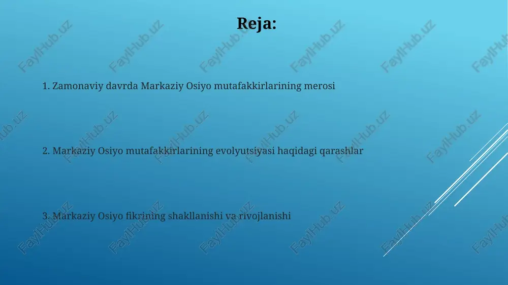 oladi. buxoro va samarqandning ahamiyati buxoro va samarqanddagi madrasalarda faqat diniy fanlar emas, balki matematika, astronomiya, tibbiyot kabi dunyoviy fanlar ham o'qitilgan, bu erda 50 dan ortiq kitobxona faoliyat yuritgan. buxoro va samarqand 15-16-asrlarda ipak yo'lining muhim markazlari sifatida katta tijorat va madaniy almashinuvga sababchi bo'lgan, bu erdagi o'quv yurtlarida 1000 dan ortiq talaba ta'lim olgan. kelajakdagi tadqiqotlar yo'nalishlari mutafakkirlarning falsafiy qarashlarini zamonaviy psixologiya va sosiologiya nazariyalari bilan bog'lash orqali, kamida 5 ta noyob ilmiy gipotezani ishlab chiqish kerak. digitalizatsiya vositalaridan foydalanib, kam o'rganilgan qo'lyozmalarni raqamlashtirish va matn tahlili texnologiyalaridan foydalanib, yangi manbalarni ochish lozim. markaziy osiyo mutafakkirlarining evolyutsiyasi haqida qarashlar sovet davrida markaziy osiyo mutafakkirlarining merosi ideologik filtrdan oʻtkazildi, baʼzi asarlari esa butunlay yoʻq qilindi, bu esa tadqiqotchilar uchun 50 yildan ortiq vaqt davomida toʻsiq boʻldi. 19-asr oxiri va 20-asr boshlarida jadidchilik harakati markaziy osiyo mutafakkirlarining gʻoyalariga zamonaviy gʻoyalarni (milliy uygʻonish, islohotlar) qoʻshdi. mustaqillikdan keyingi davr mutafakkirlarining roli mustaqillikdan …
