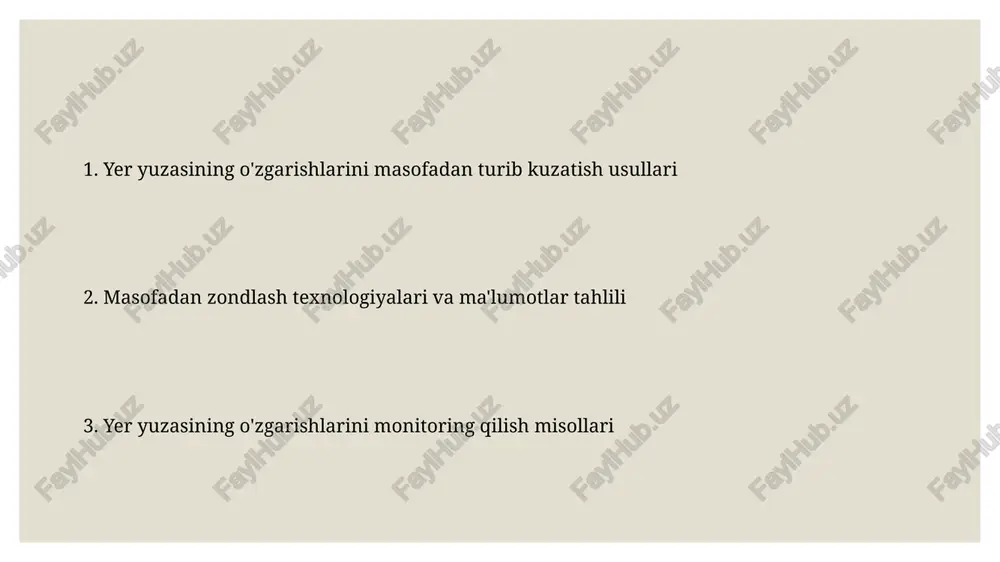 piksellarni tahlil qilish orqali har bir kvadrat kilometrga o'rtacha 10 000 dan ortiq aholi zichligi aniqlandi. yerni masofadan turib kuzatish tushunchasi yerni masofadan turib kuzatish (ymtk) sun'iy yo'ldoshlar, samolyotlar va dronlar yordamida 300 dan ortiq spektral diapazonlarda yer yuzasining tasvirlarini olishni o'z ichiga oladi, bu esa turli xil ma'lumotlarni tahlil qilish imkonini beradi. ymtk yordamida olingan geoprostor ma'lumotlar, 10 metrdan 1 millimetrgacha bo'lgan aniqlikda, tabiiy ofatlarni, masalan, zilzilalar va sel kabi hodisalarni kuzatish va oldini olishda muhim rol o'ynaydi. masofaviy zondlash usullari masofaviy zondlash usullari orqali er yuzasining 90% dan ortiq qismini kuzatish va monitoring qilish imkoniyatini beradi, bu esa global miqyosdagi o'zgarishlarni aniqlashga yordam beradi. spektral diapazonlardan foydalangan holda, masalan, ko'rinadigan va infraqizil nurlar, masofaviy zondlash er yuzasidagi o'simlik, tuproq va suv resurslarining holatini aniqlashga imkon beradi. tabiiy ofatlarni monitoring qilish oʻrmon yongʻinlari tezligini va tarqalishini kuzatishda, har 15 daqiqada yangilanib turadigan sunʼiy yoʻldosh maʼlumotlaridan foydalanish, yongʻinni bostirish choralari …