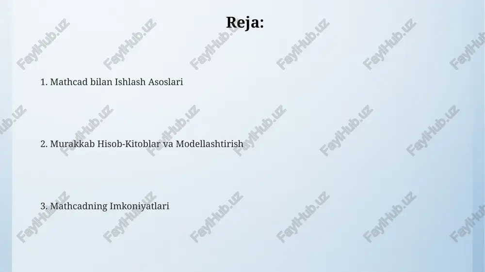 ar mathcad, 2-tartibli differentsial tenglamalarni, masalan, y'' + 2y' + y = 0 kabi tenglamalarni ramziy ravishda yechish imkonini beradi va umumiy yechimni, shu jumladan o'zboshimchalik konstantalarini ham beradi. murakkab ifodalarni soddalashtirishda mathcadning ramziy imkoniyatlari foydali bo'ladi, masalan, (x^2 + 2x + 1)/(x + 1) ifodasini x + 1 ga qadar soddalashtirishi mumkin. mathcad, 3x^2 + 5x - 2 kabi polinomlarni omillarga ajratish yoki x^3 + 1 kabi ifodalarni to'liq kvadratlar yig'indisiga aylantirish kabi algebraik manipulyatsiyalarni ramziy ravishda amalga oshirishi mumkin. dasturlash imkoniyatlari dasturlash tili sifatida mathcad, c++ yoki python kabi to'liq dasturlash tillariga qaraganda sodda bo'lsa-da, o'zgaruvchilarni, funksiyalarni va shartli operatorlarni (masalan, if-then-else) ishlatib, murakkab algoritmlarni amalga oshirish imkonini beradi. mathcad’da 200 dan ortiq o'rnatilgan funksiyalar mavjud bo'lib, ular murakkab matematik hisob-kitoblarni soddalashtiradi va foydalanuvchilarga vaqtni tejashga yordam beradi, shu jumladan, differensial tenglamalarni 5-tartibga qadar yechish imkoniyati ham mavjud. mathcad'da vektor va matritsa amallari bilan ishlashda samaradorlikni oshirish uchun …