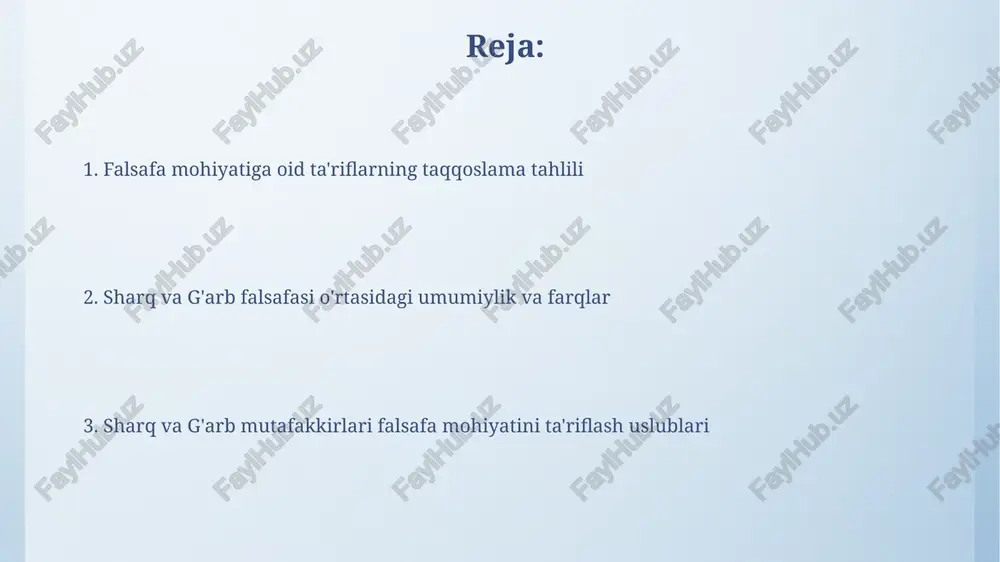 osiy mantiq qonunlarining shakllanishiga yordam berdi. g'arb falsafasidagi mohiyatni aniqlashdagi turli xil nazariyalar antik davrdan boshlab, 2000 yildan ortiq vaqt davomida, g'arb falsafasida ontologiya, epistemologiya va aksiologiya kabi 3 ta asosiy soha o'zaro bog'liq holda rivojlanib, falsafa mohiyatini tushunishda murakkab kontseptsiyalarni yaratgan. g'arb falsafasida 3 ta asosiy gnoseologik yo'nalish – ratsionalizm, empirizm va idealizm – bilim manbasini va uning xususiyatlarini turlicha talqin qilib, falsafa mohiyatini aniqlashda turli yondashuvlarni shakllantirgan. sharq va g'arb falsafasining mohiyatini ta'riflashga oid yondashuvlar g'arb falsafasi esa, yunon mutafakkirlari aristotel va platonning 2000 yildan ortiq davom etgan ta'siri ostida, mantiq va metafizikaga alohida e'tibor qaratadi. ikkala yondashuv ham "mohiyat" tushunchasini turlicha talqin qiladi: sharqda – koinotning o'zaro bog'liqligi, g'arbda esa – individualizm va obyektiv haqiqatga asoslanadi. konfutsiylik, buddizm va hinduizm falsafasidagi mohiyat tushunchasi konfutsiylikda insonning ijtimoiy rolini va 5 ta asosiy munosabatni (ota-ona, hukmdor, katta yoshdagilar, do'stlar, o'ziga) muvozanatlash orqali yaxshilikka erishish falsafaning mohiyati sifatida ko'riladi. buddizmda …