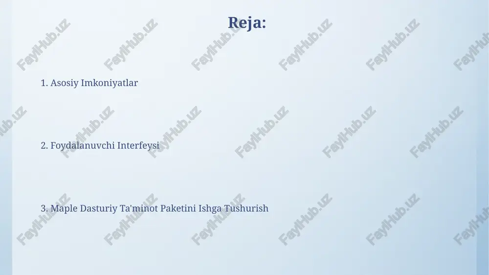 ligini 15% ga oshirishga yordam beradi. maple 2.0 versiyasi ai texnologiyalarini qo'llash orqali avtomatlashtirilgan hisobotlar generatsiyasi va ma'lumotlar tahlilini taqdim etadi, bu esa jarayonni 40% tezlashtiradi. foydalanuvchi interfeysi elementlari maple dasturiy ta'minoti foydalanuvchi interfeysi 3 ta asosiy panelga bo'lingan: asboblar paneli, ish maydoni va natijalar oynasi, bu esa 200 dan ortiq funksiyalarni samarali boshqarish imkonini beradi. foydalanuvchi interfeysi intuitiv va foydalanuvchilarga do'stona bo'lib, 10 dan ortiq turli xil vizualizatsiya vositalarini o'z ichiga oladi, bu esa ma'lumotlarni tahlil qilishni soddalashtiradi. murakkab vazifalarni bajarish maple'ning simvolik hisob-kitob qilish vositalari murakkab integral va differentsial tenglamalarni, shu jumladan 3-tartibli va undan yuqori tartibli tenglamalarni, aniq yechimlarini topishga imkon beradi. murakkab algoritmlarni, jumladan, 5000 dan ortiq iteratsiyaga ega bo'lgan takrorlanuvchi jarayonlarni, maple yordamida vizualizatsiya qilish va tahlil qilish mumkin, bu esa murakkab muammolarni tushunishni osonlashtiradi. maple dasturiy ta'minot paketini ishga tushirish dastur interfeysi foydalanuvchiga 100 dan ortiq turli xil matematik ob'ektlar bilan ishlash imkoniyatini beradi …