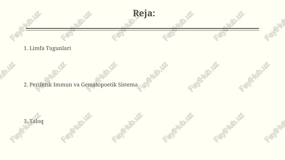 . periferik immun va gematopoetik tizimga kirish periferik immun tizim limfa tugunlari va taloq kabi 20 dan ortiq sekundar limfoid organlarni o'z ichiga oladi, ular antijen taqdimotchi hujayralar va limfositlarning ko'payishi va faollashishi uchun muhimdir. periferik immun va gematopoetik tizimlar o'zaro bog'liq bo'lib, immunitet javobini shakllantirishda birgalikda ishlashadi, masalan, t-hujayralar suyak ko'migida hosil bo'ladi va keyinchalik taloqda yetilishini davom ettiradi. talabalik: limfa tugunlarining mikroanatomiyasi limfa tugunining korteksi t va b limfotsitlarning 70% dan ortig'ini o'z ichiga oladi, ular follikulalarda joylashgan va antijen ta'siriga javoban faollashadi. limfa tugunining medulla qismida medullar sinusi va medullar kordlar mavjud bo'lib, ular plazma hujayralari va makrofaglarning yuqori konsentratsiyasiga ega. kasalliklarda limfa tugunlari va ko'krakning roli talak qon filtratsiyasi va qayta ishlashda muhim rol o'ynaydi, kuniga 350 litrgacha qonni filtrlaydi, eski eritrotsitlarni yo'q qiladi va immunitet hujayralarini ishlab chiqaradi. limfa tugunlari infektsiyaga qarshi immun javobning markaziy o'rnini egallaydi, 1 kub mm limfa to'qimasida 1000 dan ortiq …
