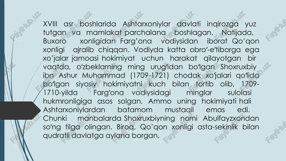 sh uchun gul namunalari keng qoʻllanilib, shriftlarga boʻyoqli naqshlar chizish, naqshlarni ganchga oʻyib solish odat boʻladi. qoʻqon shu kunga qadar saqlanib qolgan tarixiy meʼmorchilik yodgorliklari bilan samarqand, xiva, buxorodan keyin toʻrtinchi oʻrinda turgan. fargʻona vodiysida 1740-yil eski oʻrda oʻrnida xozirgi qoʻqon shahriga asos solinishi xonlikning turli shaharlarida bunyod etilgan koʻplab oʻrdalar, bozorlar, karvonsaroylar, masjidlar, xonaqolar, qorixonalar madrasalar, chunonchi mir (1798),norboʻta, xonmirza yodgor (1830), xazrati sohib (1861), xudoyorxon (1850, 1870-yillari qoʻqonda, 1873-yil namanganda, 1874-1875-yili shohobodda, chustda), hokimoyim (1869), sulton murodxon (1871), ma’rufxontoʻra (namangan va asakada), olimbek (oʻshda), nasriddinbek (andijonda), toshkentda xix asrda qurilgan beklar begi, mo’yi muborak, eshonqul dodxoh, yunusxon, abulqosim madrasalarini dalil sifatida koʻrsatish mumkin norboʻtabiy madrasasi (madrasai mir) — qoʻqondagi meʼmoriy yodgorlik (18-asr oxiri). qoʻqon xoni norboʻtabiy xukmronligi davrida qurilgan. xalq orasida madrasai mir nomi bilan ham yuritiladi. norboʻtabiy madrasasi chorsu maydoni yaqinida qurilgan. bir qavatli, hovlili, toʻgʻri toʻrtburchak tarhli (52x72 m), 4 burchagiga minora-guldastalar ishlangan. hovli (38x38 m) …