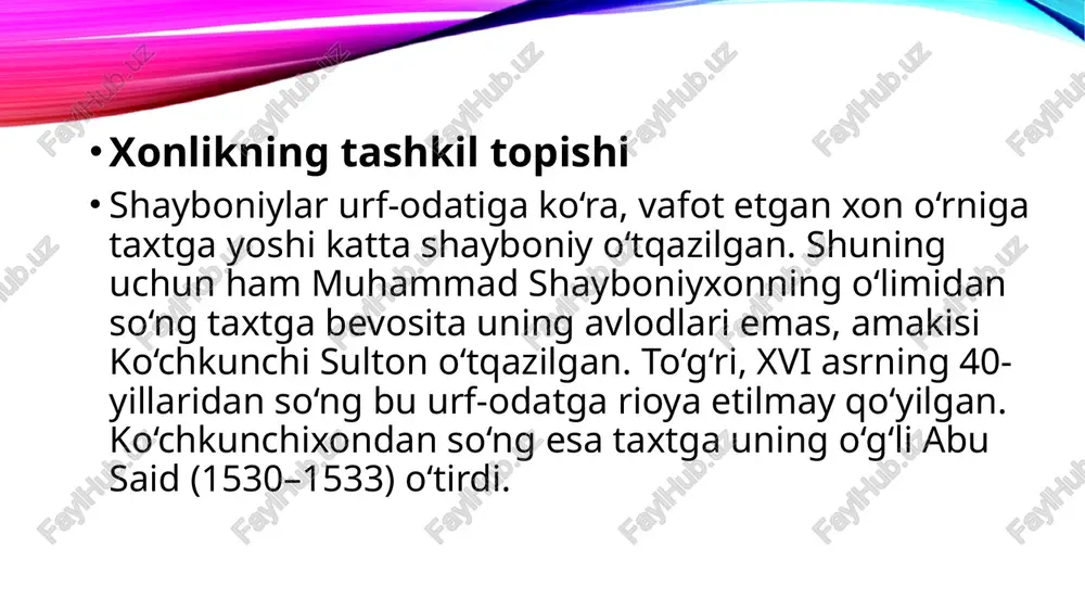 ondan dashti qipchoqda tarqoq ko‘chmanchi qabila va urug‘larning birlashuvi va kuchli markazlashgan davlatning yuzaga kelishi ta’sir ko‘rsatgan edi. bu vaqtga kelib g‘arbiy sibir va sirdaryogacha bo‘lgan hududlarni birlashtirib, dashti qipchoq va movarounnahr orasidagi savdo tarmoqlarining markazlari sanalgan sig‘noq, oqqo‘rg‘on, arquq, so‘zoq va o‘zgand shaharlarini yagona hokimiyatga bo‘ysundirgan jo‘chining beshinchi o‘g‘li shaybon urug‘idan bo‘lgan abulxayrxonning temuriylar davlati hududlariga ham ta’siri kuchayib boradi. shunday vaziyatlardan biri 1447 yilda shoxruxning vafot etishi bilan yuzaga keladi va ulug‘bekning mamlakatda yo‘qligidan foydalangan abulxayrxon samarqand va buxoro atroflarga harbiy bosqinchilik uyushtiradi. ulug‘bekning vafoti bilan movarounnahrdagi siyosiy vaziyat yanada chigallashadi va samarqand taxti uchun kurashlar kuchayadi. shunday jarayonda temuriyzoda abu said mirzo (1451-1469 yy)ning murojaati bilan movarounnahrga kirib kelgan abulxayrxon temuriylarning ichki kurashlarida ishtirok eta boshlaydi va shu bilan movarounnahr ichki siyosiy hayotida shayboniylar omili boshlanadi buxoro amirligi o’zbek xonliklari orasida o’zining hududiy o’rni, aholisi va tabiiy resurslari jihatidan muhim mavqega ega edi. xix asrga kelib, buxoro …