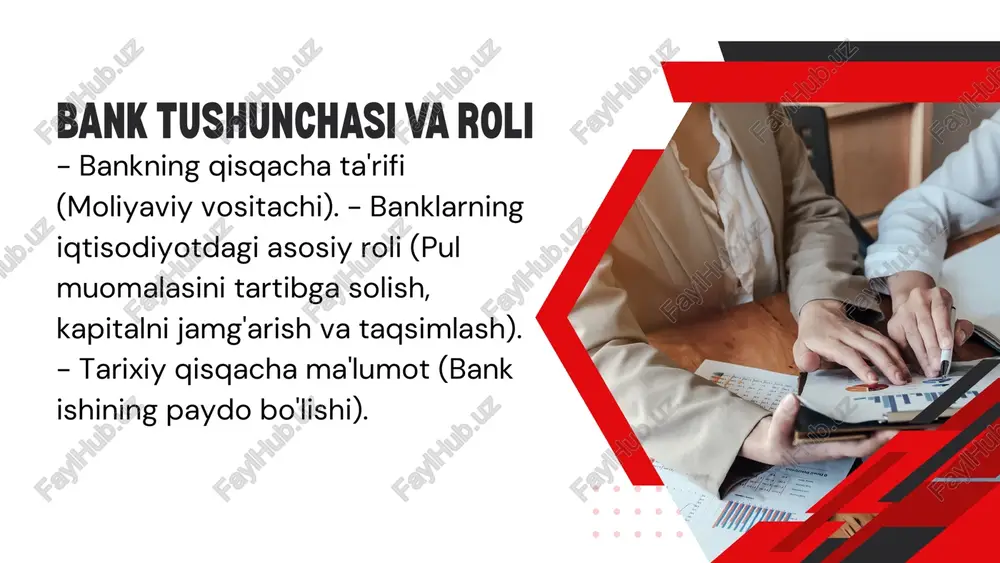 g) va fintex - raqamli bankingning mohiyati va afzalliklari. - mobil banking va internet banking. - fintex (moliyaviy texnologiyalar) kompaniyalari va banklarning o'zaro aloqasi. - blokcheyn va ai kabi yangi texnologiyalar. bank risklari turlari va ularni boshqarish (qarzni qaytarmaslik ehtimoli). - likvidlik riski: (o'z majburiyatlarini o'z vaqtida bajarolmaslik). - foiz riski: (foiz stavkalarining o'zgarishi). - operatsion risk: (ichki jarayonlardagi xatolar, texnik nosozliklar). banklarning daromadlari va xarajatlar foizli daromadlar (kreditlar), foizsiz daromadlar (komissiyalar, to'lovlar). - asosiy xarajatlar: foizli xarajatlar (depozitlar), operatsion xarajatlar (ish haqi, ijara, texnologiya). - bank foydasini hisoblashning umumiy formulasi. bank faoliyatini tartibga solish (regulyatsiya) - tartibga solishning maqsadlari (moliyaviy barqarorlik, mijozlar himoyasi). - markaziy bankning regulyator sifatidagi roli. - asosiy xalqaro standartlar (masalan, basel tamoyillari - qisqacha). - o'zbekiston/mahalliy qonunchilik asoslari. bank sektoridagi so'nggi tendensiyalar va muammolar - tendensiyalar (raqamlashtirish, shaxsiylashtirilgan xizmatlar, barqaror moliya (esg)). - muammolar (kiberxavfsizlik, raqobatning kuchayishi, tartibga solish bosimi). - banklarning kelajakdagi rivojlanish yo'nalishlari. …