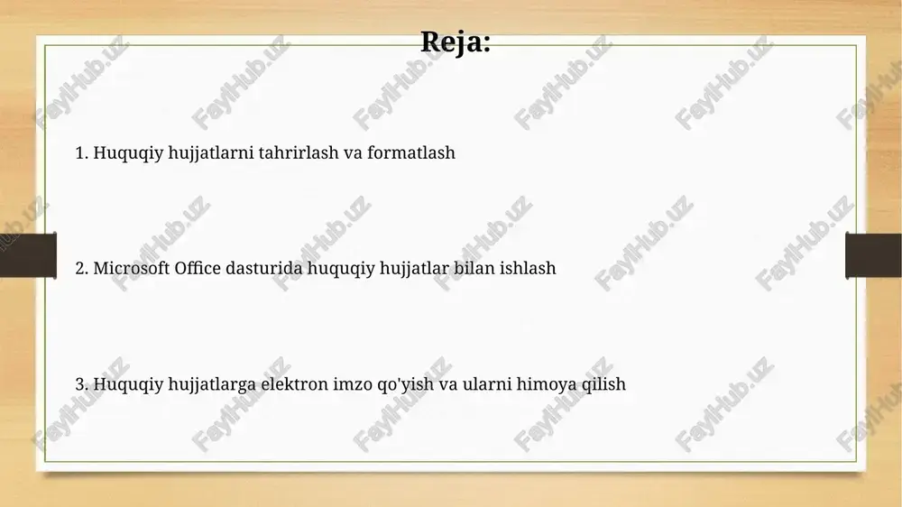 satr oralig'ini qo'llash o'qishni qulaylashtiradi va hujjatning umumiy ko'rinishini yaxshilaydi, shuningdek, turli xil sarlavhalar uchun 1-6 gacha bo'lgan turli o'lchamdagi shriftlardan foydalanish tavsiya etiladi. formula va hisob-kitoblarni bajarish microsoft word’dagi jadvallardan foydalanib, 10% dan 25% gacha bo'lgan soliq stavkasi bilan hisob-kitoblarni avtomatlashtirish mumkin, bu esa hujjatlarni tayyorlash vaqtini sezilarli darajada kamaytiradi. "if" funksiyasi yordamida shartli hisob-kitoblarni amalga oshirish orqali, masalan, 1000 dan ortiq miqdorlarga 15%, kamroq miqdorlarga esa 10% soliq qo'shish mumkin. hujjatlarni pdf formatiga o'tkazish microsoft onenote dasturida yaratilgan eslatmalarni bir vaqtning o'zida bir nechta faylga bo'lib, har biri 5mb dan oshmaydigan pdf fayllar sifatida eksport qilish mumkin. microsoft word dasturida 100 betgacha bo'lgan hujjatni pdf formatiga o'tkazish uchun "fayl" -> "eksport qilish" -> "pdf/xps hujjati yaratish" yo'nalishini tanlashingiz mumkin. huquqiy hujjatlarni yaratish va tahrirlash "avtomatik tuzatish" funksiyasi orqali huquqiy atamalarni aniq yozish, imlo va grammatik xatolarni kamaytirish mumkin, natijada hujjatning ishonchliligi va professionalligi 30% ga ortadi. microsoft word …