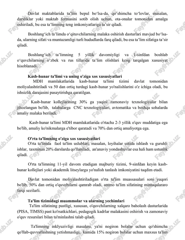 aʼlimning teng imkoniyatlariga taʼsir qiladi. boshlangʻich taʼlimda oʻqituvchilarning malaka oshirish dasturlari mavjud boʻlsa-da, ularning sifati va muntazamligi turli hududlarda farq qiladi, bu esa taʼlim sifatiga taʼsir qiladi. boshlangʻich taʼlimning 5 yillik davomiyligi va 1-sinfdan boshlab oʻquvchilarning oʻzbek va rus tillarida taʼlim olishlari keng tarqalgan xususiyat hisoblanadi. kasb-hunar ta'limi va uning o'ziga xos xususiyatlari mdh mamlakatlarida kasb-hunar ta'limi tizimi davlat tomonidan moliyalashtiriladi va 50 dan ortiq turdagi kasb-hunar yo'nalishlarini o'z ichiga oladi, bu ishsizlik darajasini pasaytirishga qaratilgan. kasb-hunar kollejlarining 30% ga yaqini zamonaviy texnologiyalar bilan jihozlangan bo'lib, talabalarga cnc texnologiyalari, avtomatika va boshqa sohalarda amaliy malaka beriladi. kasb-hunar ta'limi mdh mamlakatlarida o'rtacha 2-3 yillik o'quv muddatiga ega bo'lib, amaliy ko'nikmalarga e'tibor qaratadi va 70% dan ortiq amaliyotga ega. o'rta ta'limning o'ziga xos xususiyatlari o'rta ta'limda faol ta'lim uslublari, masalan, loyihalar ustida ishlash va guruhli ishlar, taxminan 20% darslarda qo'llaniladi, an'anaviy yondashuvlar esa hali ham ustunlik qiladi. o'rta ta'limning 11-yil davom etadigan …