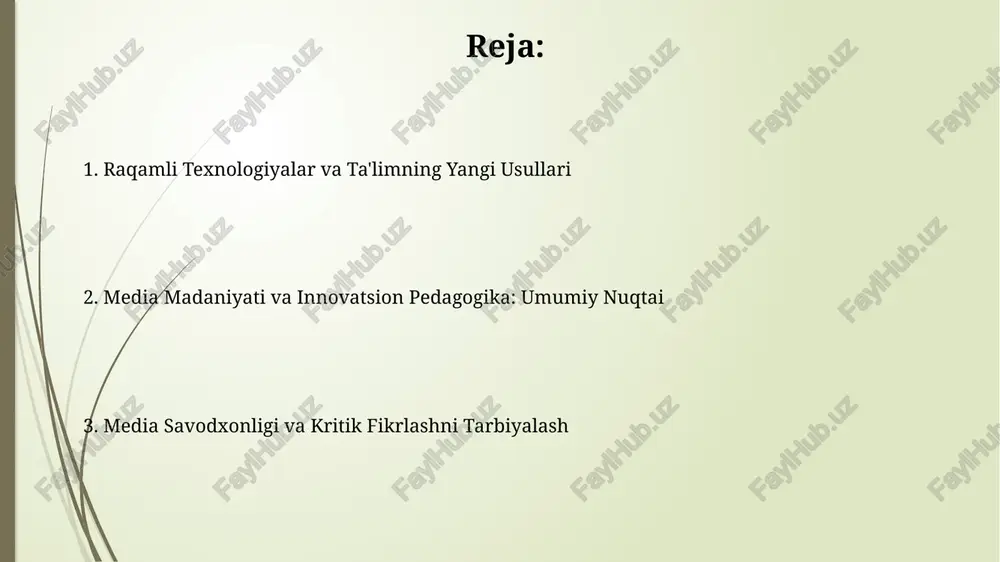 alanish o'quv jarayonida interaktiv o'yinlar va 3d modellardan foydalanish 15% ga o'quvchilarning faol ishtirokini va 20% ga mavzuni tushunish darajasini oshiradi. virtual va kengaytirilgan reallik texnologiyalari (vr/ar) yordamida 5 ta fan bo'yicha amaliy mashg'ulotlar o'tkazish o'quv samaradorligini 25% ga oshirishi mumkin. media madaniyati va talabalarning ijtimoiylashuvi ijtimoiy tarmoqlardan foydalanish orqali amalga oshiriladigan 3 dan ortiq guruhiy loyihalar talabalarning fikr almashish va muloqot qilish qobiliyatlarini, shuningdek, ijtimoiy mas'uliyat hissiyotlarini rivojlantiradi. o'quv jarayonida 50% dan ortiq media resurslaridan foydalanish talabalarning ijtimoiylashuviga sezilarli darajada ta'sir ko'rsatadi, ularning turli guruh va madaniyat vakillari bilan onlayn muloqotini kuchaytiradi. o'yinlashtirish va media ta'limi media resurslaridan foydalanib, o'yinlashtirilgan ta'lim jarayonlarini yaratish, o'quvchilarning 80% da motivatsiyani va bilim olishga bo'lgan qiziqishni kuchaytiradi. o'yin mexanikalarini (gamification) qo'llash orqali media ta'limining samaradorligini 2 barobar oshirish mumkin, bu esa o'quvchilarning bilish qobiliyatlarini rivojlantirishga yordam beradi. innovatsion pedagogika va media madaniyati o‘quv jarayoniga virtual va kengaytirilgan reallik texnologiyalarining integratsiyasi (ar/vr), 3d modellashtirish …