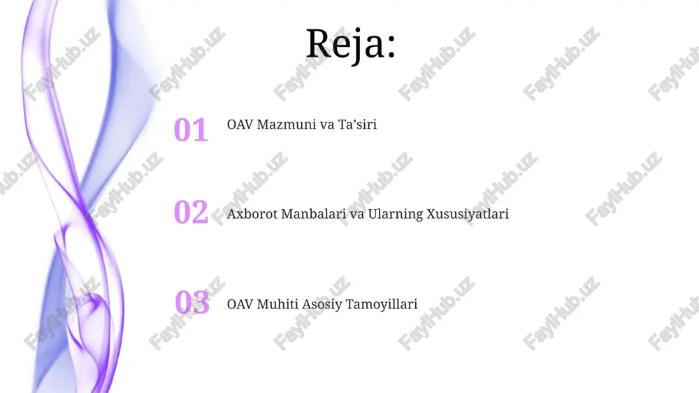 siya jarayonlari bilan bog'liq holda, milliy qadriyatlarning 15% ga kamayishiga va madaniy xilma-xillikning pasayishiga olib kelishi mumkin. oavning jamiyatga ta'siri ommaviy axborot vositalarining 70% dan ortig'i internet orqali tarqalgani sababli, tezkor va keng qamrovli bo'lib, fikrlarning shakllanishiga sezilarli ta'sir ko'rsatadi. oav orqali tarqatilayotgan noto'g'ri ma'lumotlar (fake news) sonining 30% ga oshishi ijtimoiy tarmoqlardagi ishonchsizlik darajasini oshirib, ijtimoiy notinchliklarga sabab bo'lishi mumkin. oav muhiti asosiy tamoyillari oav muhitining asosiy tamoyillaridan biri – axborotning xolisona va ob'ektiv tarqatilishi, shuningdek, 5w va 1h (kim, nima, qachon, qayerda, nega va qanday) savollariga to'liq javob berish hisoblanadi. oav muhitida 3 ta asosiy kanal (televidenie, radio, internet) mavjud bo'lib, ularning har biri o'ziga xos xususiyatlarga va auditoriyaga ega. ma'lumotlarning tezkor tarqalishi va ommaviy axborot vositalarining ta'siri 24/7 rejimida amalga oshadi. ommaviy axborot vositalarining ta'siri va ularning siyosiy, iqtisodiy va ijtimoiy jarayonlarga ta'siri katta bo'lib, bu omil 70% ga yaqin aholini qamrab oladi va fikrlar shakllanishida muhim …