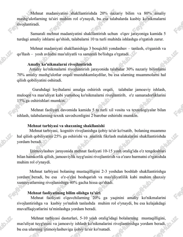 agi amaliy ishlarni qo'shish, talabalarni 10 ta turli muhitda ishlashga o'rgatish zarur. mehnat madaniyati shakllanishiga 3 bosqichli yondashuv – tanlash, o'rganish va qo'llash – yosh avlodni mas'uliyatli va samarali bo'lishga o'rgatadi. amaliy ko'nikmalarni rivojlantirish amaliy ko'nikmalarni rivojlantirish jarayonida talabalar 30% nazariy bilimlarni 70% amaliy mashg'ulotlar orqali mustahkamlaydilar, bu esa ularning muammolarni hal qilish qobiliyatini oshiradi. guruhdagi loyihalarni amalga oshirish orqali, talabalar jamoaviy ishlash, muloqot va mas'uliyat kabi yumshoq ko'nikmalarni rivojlantirib, o'z samaradorliklarini 15% ga oshirishlari mumkin. mehnat faoliyati davomida kamida 5 ta turli xil vosita va texnologiyalar bilan ishlash, talabalarning texnik savodxonligini 2 barobar oshirishi mumkin. mehnat tarbiyasi va shaxsning shakllanishi mehnat tarbiyasi, kognitiv rivojlanishga ijobiy ta'sir ko'rsatib, bolaning muammo hal qilish qobiliyatini 25% ga oshirishi va analitik fikrlash malakalarini shakllantirishda yordam beradi. ijtimoiylashuv jarayonida mehnat faoliyati 10-15 yosh oralig'ida o'z tengdoshlari bilan hamkorlik qilish, jamoaviylik tuyg'usini rivojlantirish va o'zaro hurmatni o'rgatishda muhim rol o'ynaydi. mehnat tarbiyasi bolaning mustaqilligini 2-3 …