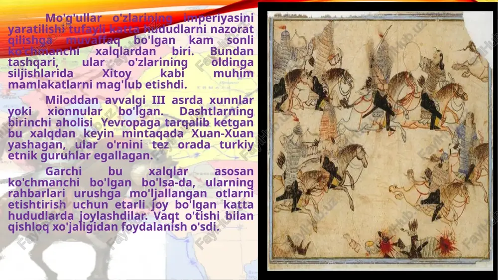 iy hukmdori) etib saylandi. aynan o'sha paytda u chingizxon taxallusini oldi. 1206-yil bahorda moʻgʻulistondagi turli toifa qabilalar sardorlarining qurultoyida temuchin xon etib tayinlangan va unga "chingizxon" ("ulugʻ xon") deb nom berilgan, tashkil etilgan davlat "yakka mo’gul ulusi" deb atalgan. chingizxon hokimiyatni mustahkamlash yoʻlida bir qancha islohotlar oʻtkazgan. jumladan, ming oilani bir maʼmuriy birlikka boʻlishga asoslangan va harbiy tus berilgan yangi maʼmuriy tuzum joriy etilgan. unga koʻra, chingizxonga tobe boʻlganlar jami 95 ta "ming oila" birligiga boʻlib chiqilgan va bularning har biriga urush davrida chingizxonga sadoqat bilan xizmat koʻrsatgan kishilar boshliq qilib tayinlangan. lekin amalda ayrim mingliklar bir necha ming oiladan iborat ham boʻlgan. aholini roʻyxatga olish ishlari amalga oshirilgan. 15 yoshdan 70 yoshgacha boʻlgan erkaklar harbiy xizmatga yaroqli deb topilgan. qoʻshinda qattiq tartib oʻrnatilgan, qonunbuzarlar uchun qattiq jazo, qonun ustuvorligini himoya qilganlarga esa hurmat bildirilib, mukofot belgilangan. savdo yoʻllari, avvalambor buyuk ipak yoʻlining xavfsizligini taʼminlab, undan toʻla foydalanishga eʼtibor berilgan. …