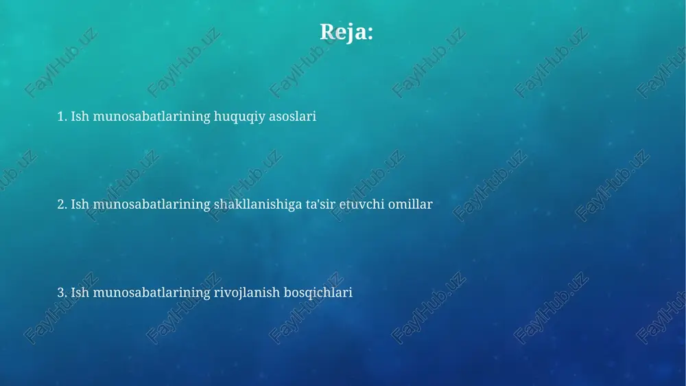 ingan 10 dan ortiq mehnat qonunchiligiga asoslangan minimal ish haqi miqdori va ijtimoiy himoya choralari ish beruvchi va xodim o'rtasidagi munosabatlarga sezilarli ta'sir ko'rsatadi. korxona madaniyati va boshqaruv uslubi (masalan, avtoritar yoki demokratik) ham ish munosabatlarining shakllanishida muhim rol o'ynab, xodimlarni 3 ta asosiy guruhga ajratadi: qo'llab-quvvatlovchilar, neytrallar va qarshilik ko'rsatuvchilar. kasaba uyushmalari va ularning roli samarali kasaba uyushmalari faoliyatining asosiy ko'rsatkichlaridan biri – a'zolik darajasi bo'lib, u 50% dan yuqori bo'lganda, kollektiv muzokaralarda ish beruvchilar bilan teng huquqli munosabatlarni ta'minlash imkonini beradi. kasaba uyushmalari ishchilarning o'rtacha 15-20% ini tashkil etadi va ularning asosiy roli mehnat shartnomalarini muzokara qilish, ishchilar huquqlarini himoya qilish va ish joyidagi xavfsizlikni ta'minlashdan iborat. mehnat huquqining asosiy tamoyillari mehnat huquqining asosiy tamoyillaridan biri – teng huquqlik va imkoniyatlar tengligi boʻlib, u mehnat munosabatlarida jinsi, irqi, millati, dini va boshqa belgilariga qaramasdan barcha shaxslar uchun 3ta asosiy huquqlarni kafolatlaydi. mehnat shartnomasi 2 tomonlama kelishuv asosida tuziladi …
