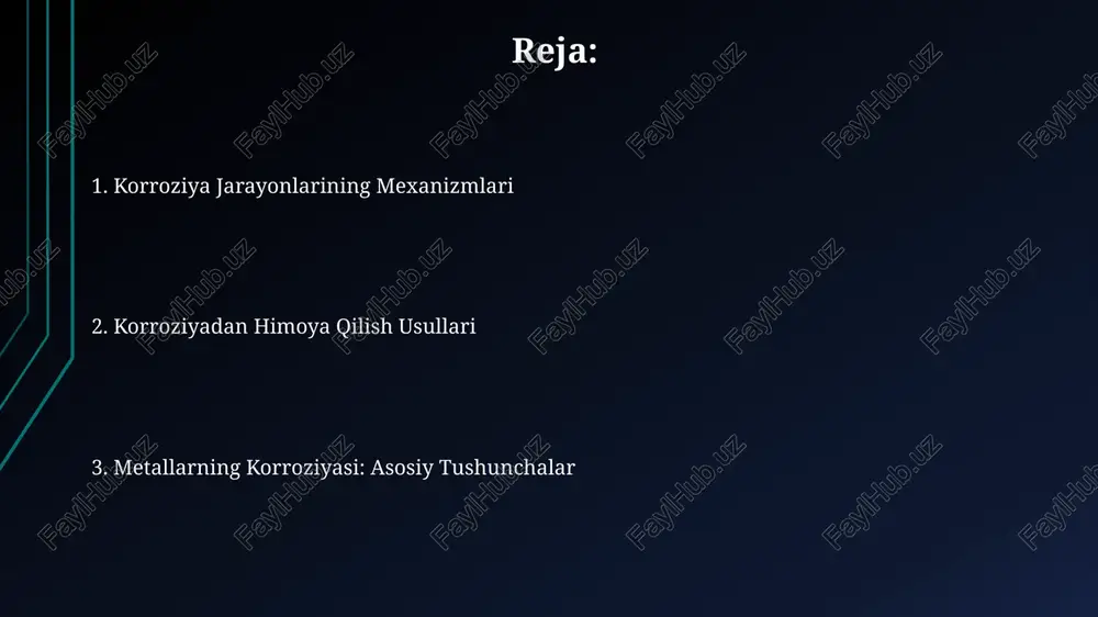 da esa 0,1 mm dan kam bo'ladi. korroziya turlari atmosfera korroziyasi, metall sirtiga kislorod va namlik ta'sirida, yillik 10-100 mkm tezlikda yuzaga keladi va korroziya mahsulotlari qatlami hosil bo'lishi bilan tavsiflanadi. galvanik korroziya ikki xil metallning aloqasida, potensiallar farqi tufayli sodir bo'ladi, masalan, temir va mis kontaktda bo'lganda, temirning korroziyasi 2-3 baravar tezlashadi. korroziya tekshiruv usullari korroziya tezligini aniqlashda elektrokimyoviy usullar, masalan, polarizatsion qirralar usuli yordamida metall sirtining 10 mv dan 1 v gacha bo'lgan potentsial o'zgarishlariga qarab korroziya jarayonini baholash mumkin. metallarning korroziyaga chidamliligini baholashda, 30 kun davomida tuzli eritmada saqlash va keyin massasini aniqlash orqali, 0,1 mg/sm² dan kamroq massa yo'qotilishi yuqori korroziyaga chidamlilikni ko'rsatadi. korroziyaning sabablari korroziyaning asosiy sabablaridan biri metallarning elektrod potensiallarining farqi bo'lib, bu 0,1 v dan yuqori farqlar galvanik korroziyaga olib kelishi mumkin. atmosfera namligi 70% dan yuqori bo'lganda, metall sirtlaridagi suv plyonkasi hosil bo'ladi va bu sharoitlarda korroziya jarayoni sezilarli darajada kuchayadi. korroziyaga …