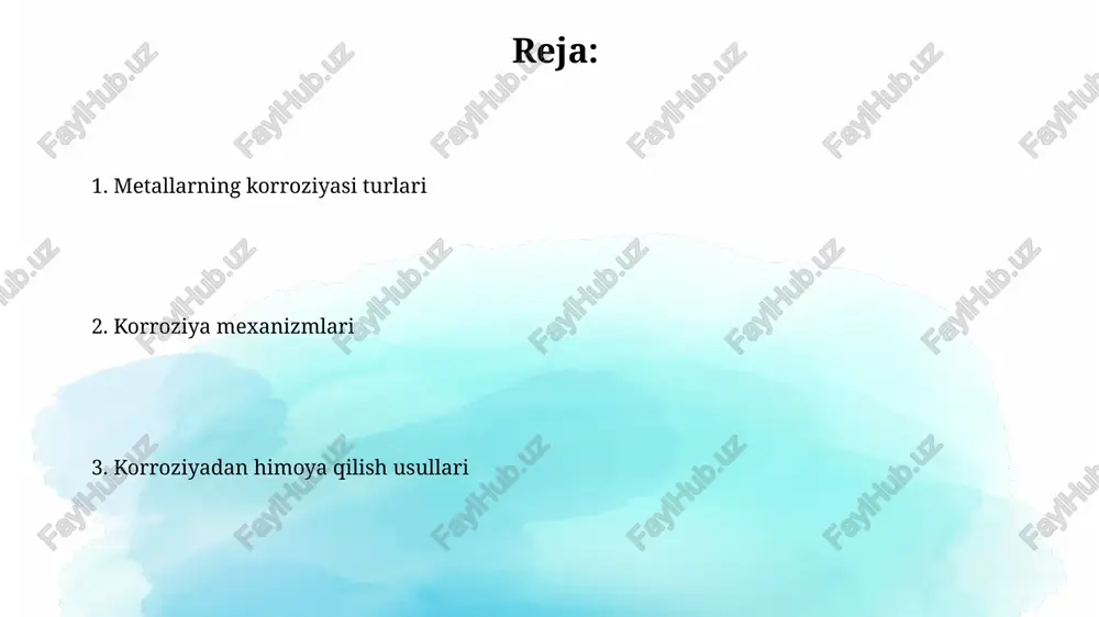 ziyasiga sezilarli ta'sir ko'rsatadi; ph 7 dan past bo'lgan kislotali muhitlarda korroziya tezligi 10 baravar yuqori bo'lishi mumkin. yuqori namlik (masalan, %80 dan yuqori) metallarning korroziya jarayonini 2-3 baravar tezlashtirishi mumkin, chunki bu elektrolitning hosil bo'lishini osonlashtiradi. korroziya testlari turli metall namunalarini (temir, alyuminiy, mis) ph qiymati 3 dan 10 gacha bo'lgan turli muhitlarda 7 kun davomida namlash orqali ularning korroziyaga chidamliligini solishtirish mumkin. standart astm g31-72 bo'yicha, 0,5 m h2so4 eritmasida 25°c haroratda 24 soat davomida to'g'ridan-to'g'ri korroziya og'irligini aniqlash orqali korroziya tezligini aniqlash mumkin. elektrokimyoviy himoya elektrokimiyoviy himoya katod himoyasi va anod himoyasi kabi ikki asosiy usulga bo'linadi, ularning samaradorligi himoya potensialining -0,85 v dan past bo'lishiga bog'liq. magniy yoki rux kabi faol metallar elektrokimiyoviy himoya tizimlarida anod sifatida ishlatilib, himoya qilinadigan metallning korroziyasini 90% gacha kamaytirishi mumkin. korroziya tahlili usullari korroziya jarayonini kuzatishda, gravimetrik usul yordamida namunalarning og'irlik o'zgarishini aniqlash orqali korroziya darajasini 0.1 mg gacha aniqlikda …