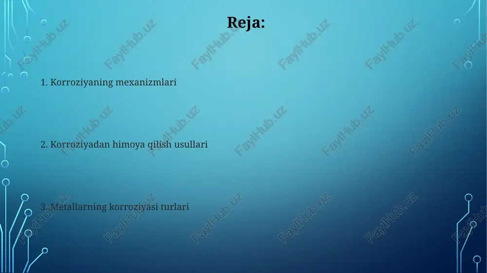 rlarni hisobga oladi. elektrokimyoviy korroziya tahlili potensial-tok egri chiziqlari orqali korroziya tezligini 0.1 mm/yil dan 10 mm/yil gacha aniqlash imkonini beradi. korroziyani oldini olish usullari korroziy muhitdagi kislorod miqdorini 5-10% ga kamaytirish orqali, masalan, inert gazlar yordamida, metallarning korroziya tezligini sezilarli darajada pasaytirish mumkin, bu esa 2-3 baravarga cho'zilishiga olib keladi. passivlash – metall yuzasiga maxsus himoya qatlami (passiv qatlam) hosil qilish orqali korroziyani sekinlashtirish jarayoni bo'lib, bu qatlamning qalinligi 1-2 nm atrofida bo'lishi mumkin va korroziya tezligini 1000 marta kamaytirishi mumkin. katod himoyasi katod himoyasi, metall sirtini potensialini kamaytirish orqali, ya'ni -0,85 v dan pastroq qiymatlarga yetkazish orqali korroziyani 90% ga kamaytirishi mumkin. himoya qilinadigan metall bilan qurbon metall o'rtasida galvanik element hosil bo'ladi, bu yerda qurbon metall (magniy, rux) anod bo'lib, korroziyaga uchraydi. korroziya inhibitörleri ba'zi organik inhibitörlar, masalan, aminlar yoki azolarning konsentratsiyasi 10-50 ppm oralig'ida bo'lganda ham yuqori samaradorlik ko'rsatadi. noorganik inhibitörlar, xususan xromatlar yoki fosfatlar, passiv …