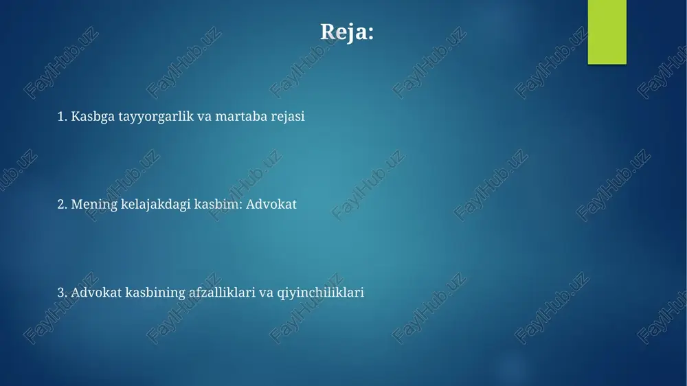 ilish orqali professional obro‘mni mustahkamlashni ko‘zlamoqdaman. advokatlik faoliyatim davomida kamida 50 ta sud jarayonida ishtirok etib, turli huquqiy masalalar bo‘yicha 85% dan yuqori muvaffaqiyat ko‘rsatkichiga erishishni rejalashtirmoqdaman. muvaffaqiyatli advokat bo‘lish yo‘llari o‘z sohasida 10 dan ortiq sud jarayonlarida ishtirok etish va yuqori darajadagi ishonchlilikka ega bo‘lish advokatning obro‘sini oshiradi va mijozlarni jalb qiladi. kuchli analitik ko‘nikmalar, huquqiy ma’lumotlarni chuqur o‘zlashtirish va kamida 2 ta xorijiy tilda erkin muloqot qilish muhim omillar hisoblanadi. advokat kasbining ahamiyati advokat xizmatlariga bo'lgan talabning o'sishi, o'rtacha 10% ga yillik o'sish bilan, bu kasbning kelajakdagi yuqori daromadliligi va barqarorligini tasdiqlaydi. o'zbekistonda advokatlar soni 2023 yilda 15000 dan oshdi, bu iqtisodiyotning rivojlanishiga va huquqiy madaniyatning yuksalishiga ijobiy ta'sir ko'rsatadi. ishga joylashish imkoniyatlari davlat va xususiy sektorlarda, shu jumladan, yirik korporatsiyalar, advokatlik firmalari va hukumat idoralarida 1000 dan ortiq ochiq ish o'rinlari mavjud. advokatlarga bo'lgan talab yuqori bo'lib, ishsizlik darajasi atigi 2-3% ni tashkil etadi, bu esa yuqori …